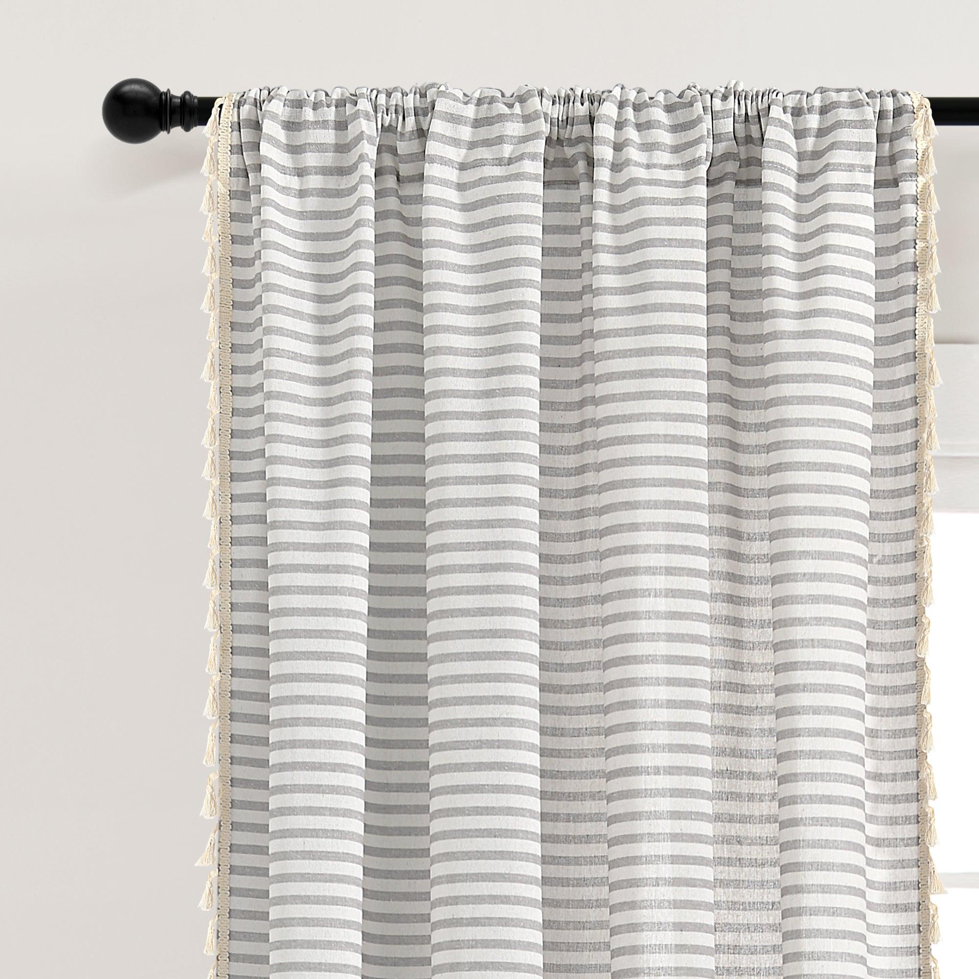 Boho Coastal Horizontal Ticking Stripe Tassel Window Curtain Panel Set