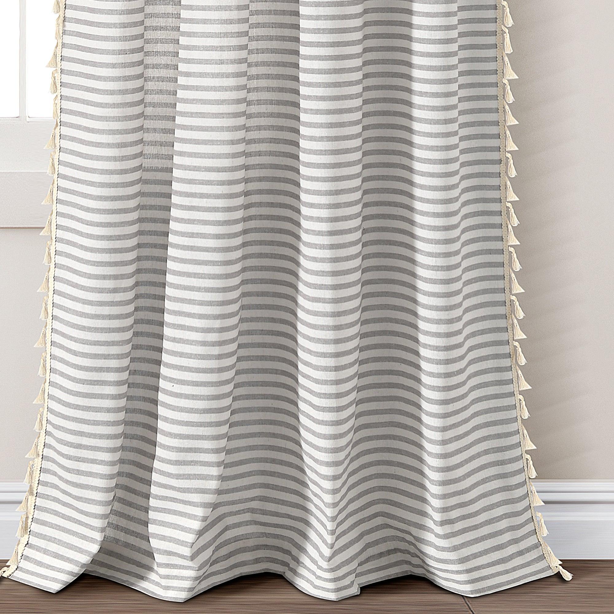 Boho Coastal Horizontal Ticking Stripe Tassel Window Curtain Panel Set