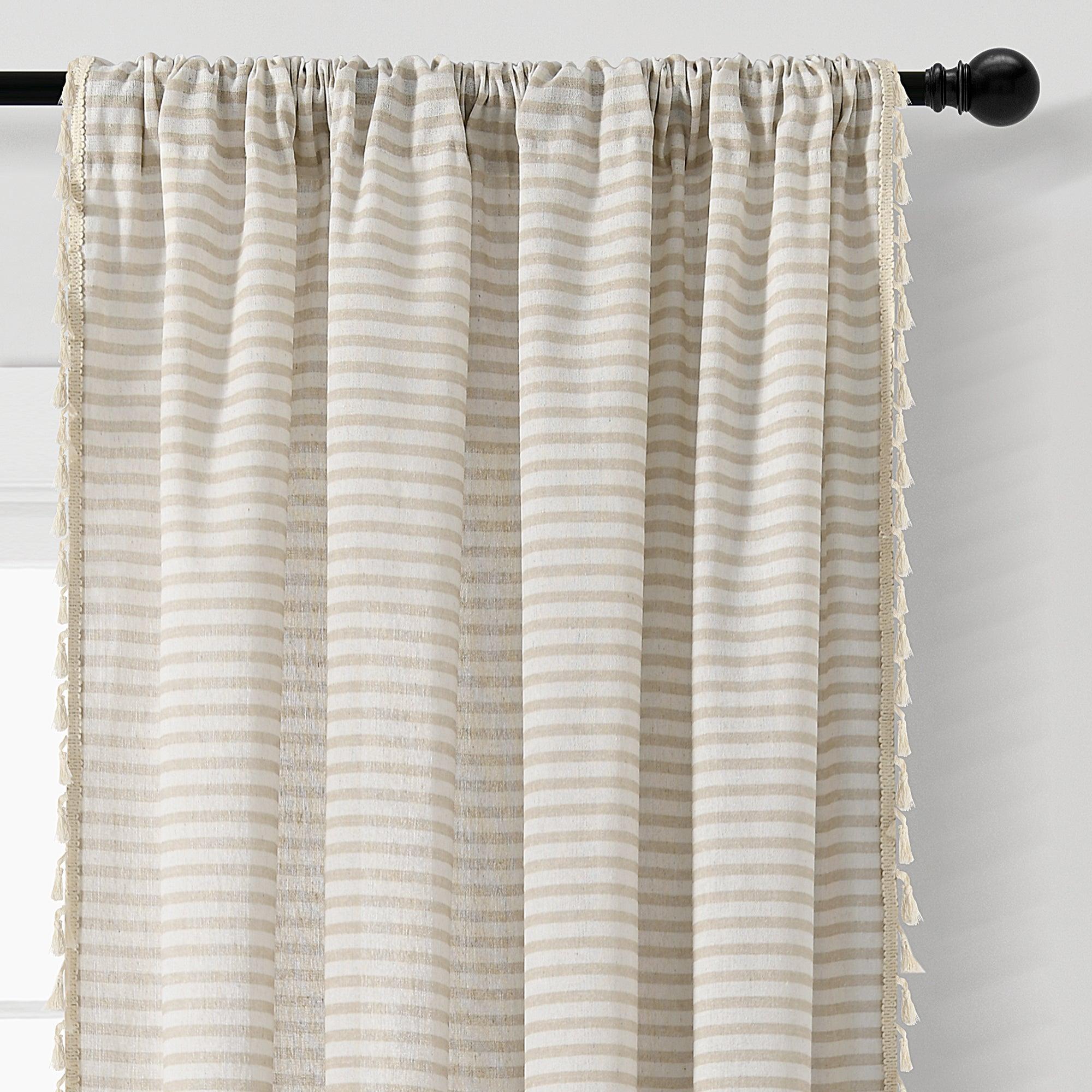 Boho Coastal Horizontal Ticking Stripe Tassel Window Curtain Panel Set