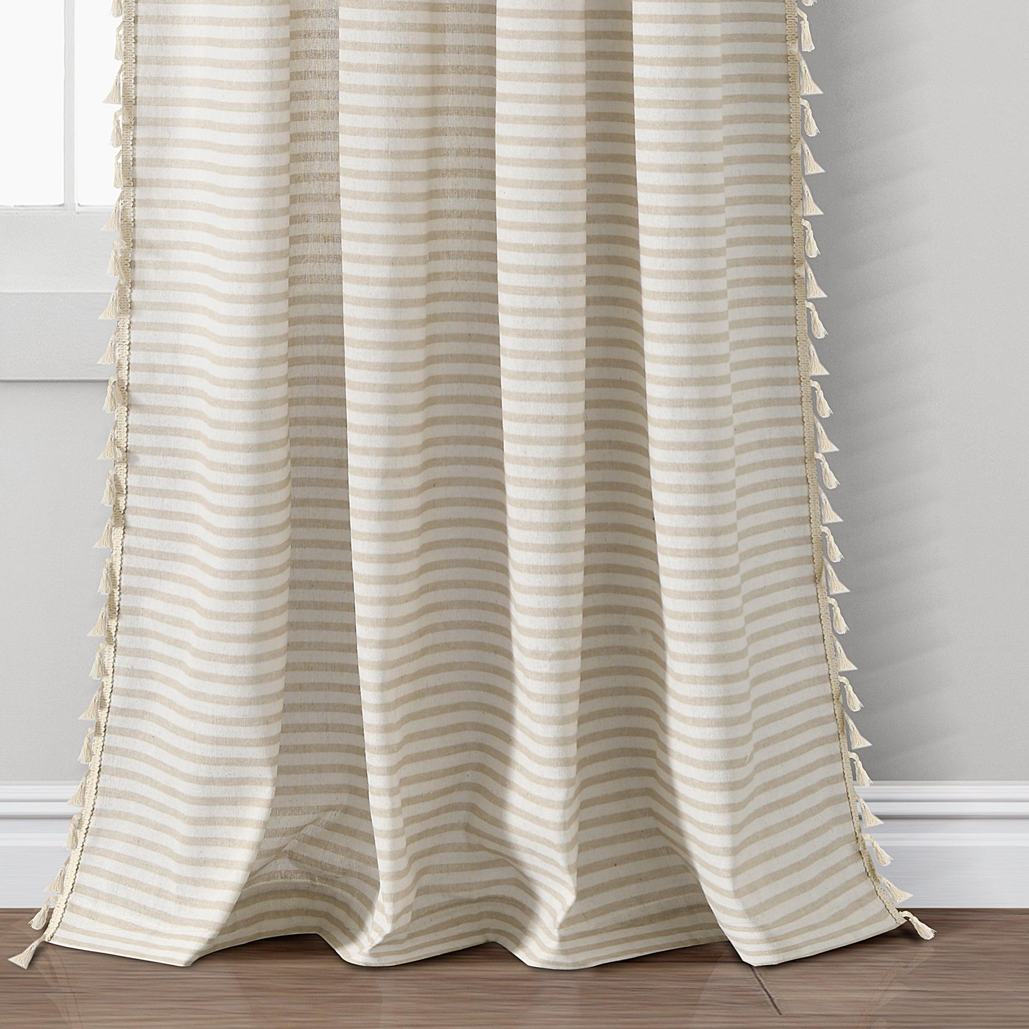 Boho Coastal Horizontal Ticking Stripe Tassel Window Curtain Panel Set