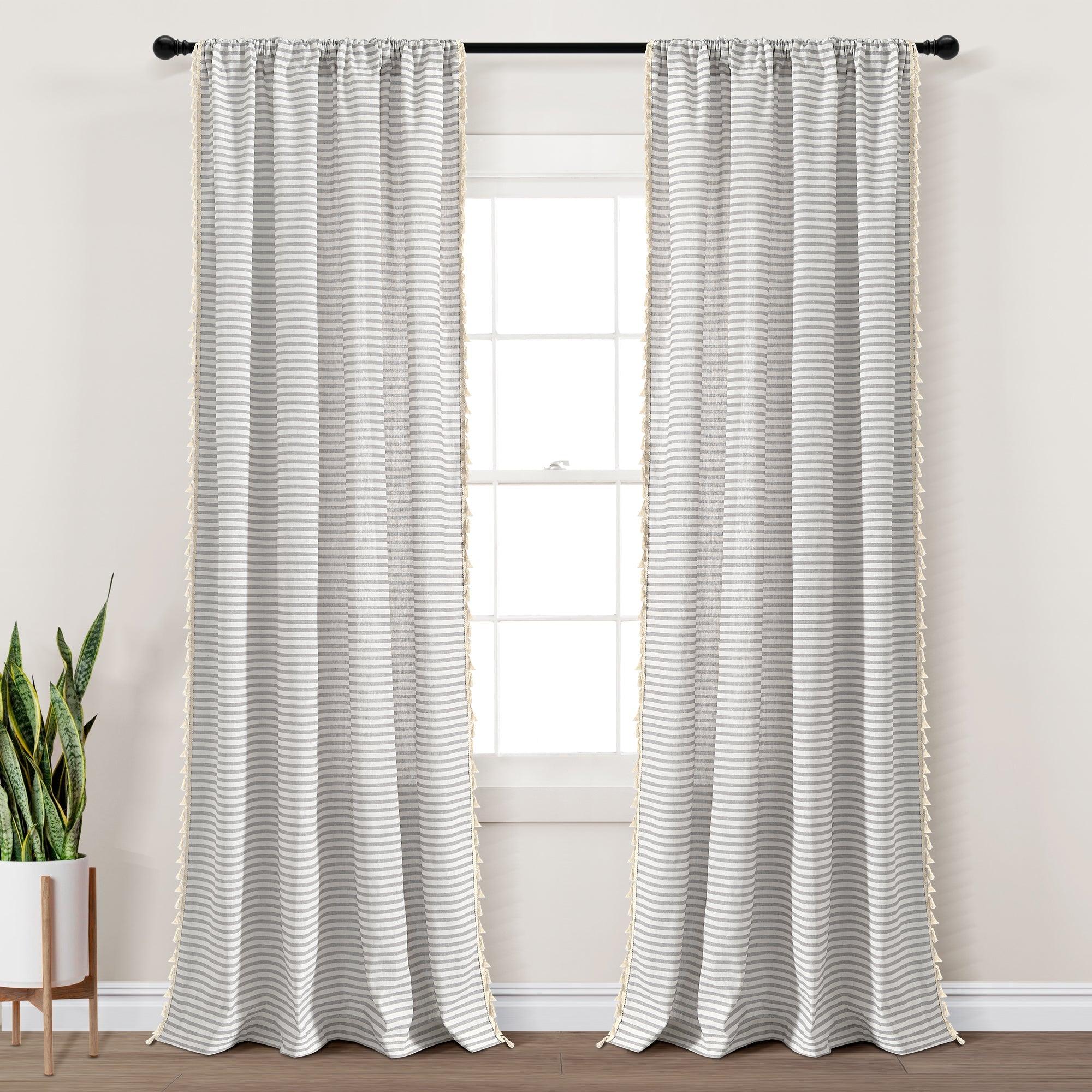 Boho Coastal Horizontal Ticking Stripe Tassel Window Curtain Panel Set