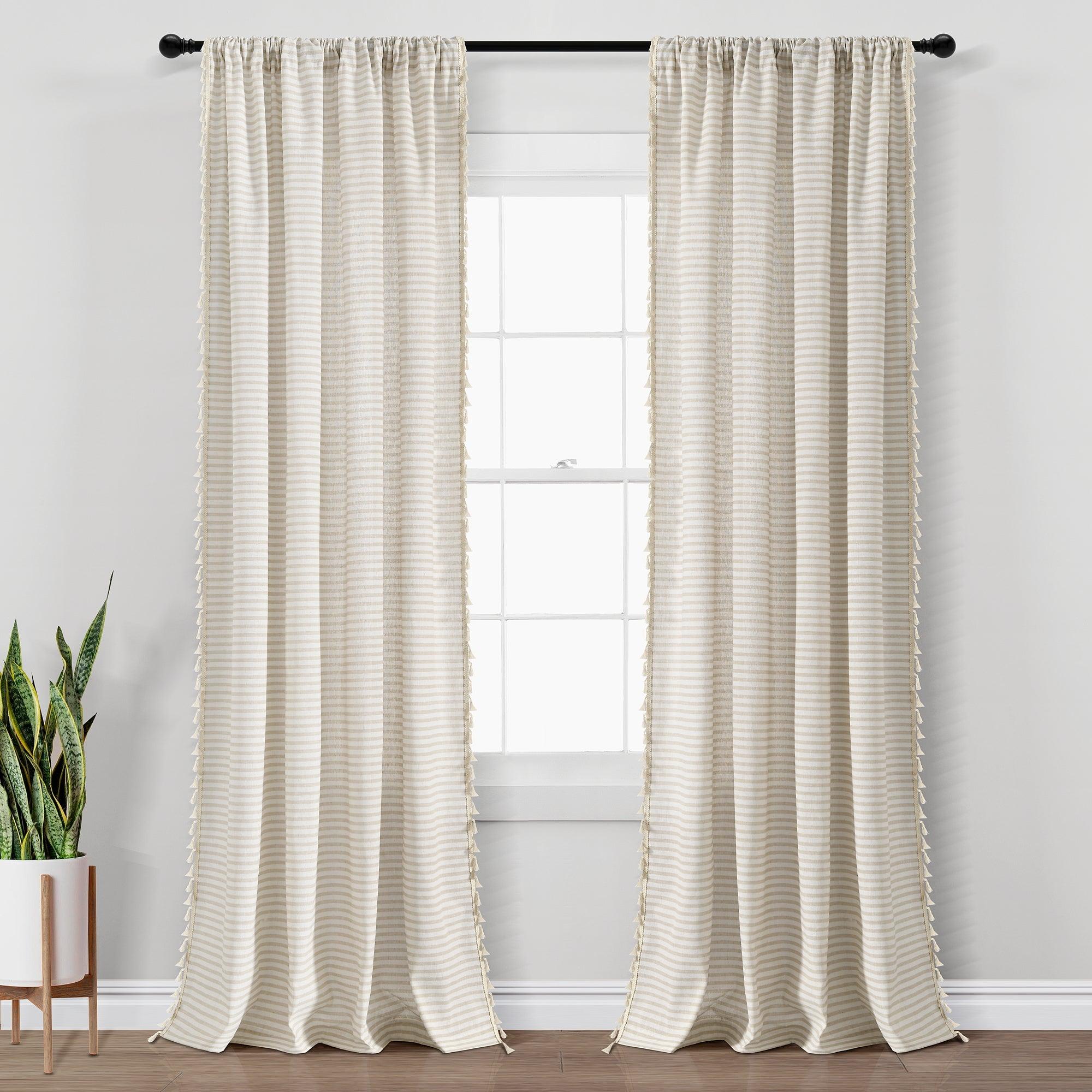 Boho Coastal Horizontal Ticking Stripe Tassel Window Curtain Panel Set