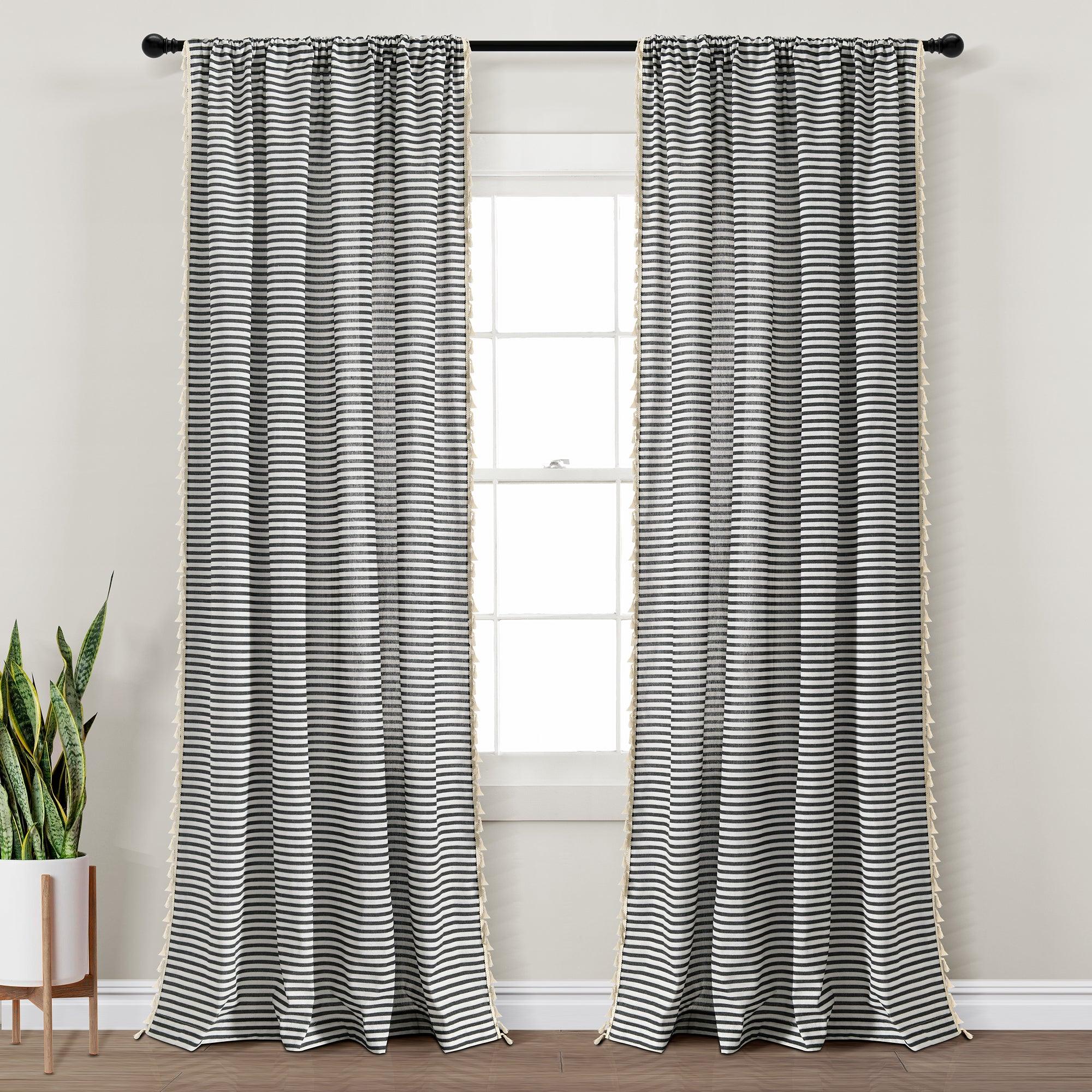 Boho Coastal Horizontal Ticking Stripe Tassel Window Curtain Panel Set