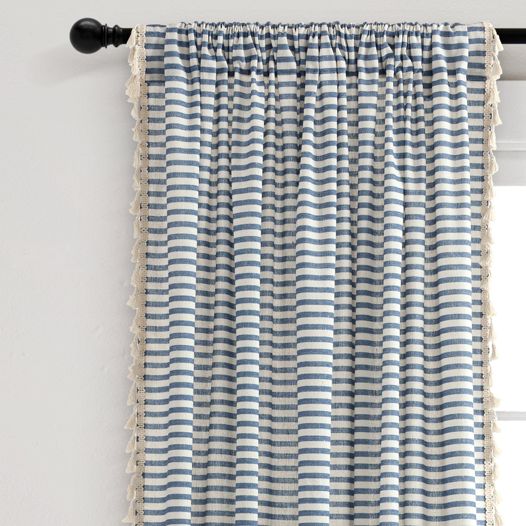 Boho Coastal Horizontal Ticking Stripe Tassel Window Curtain Panel Set