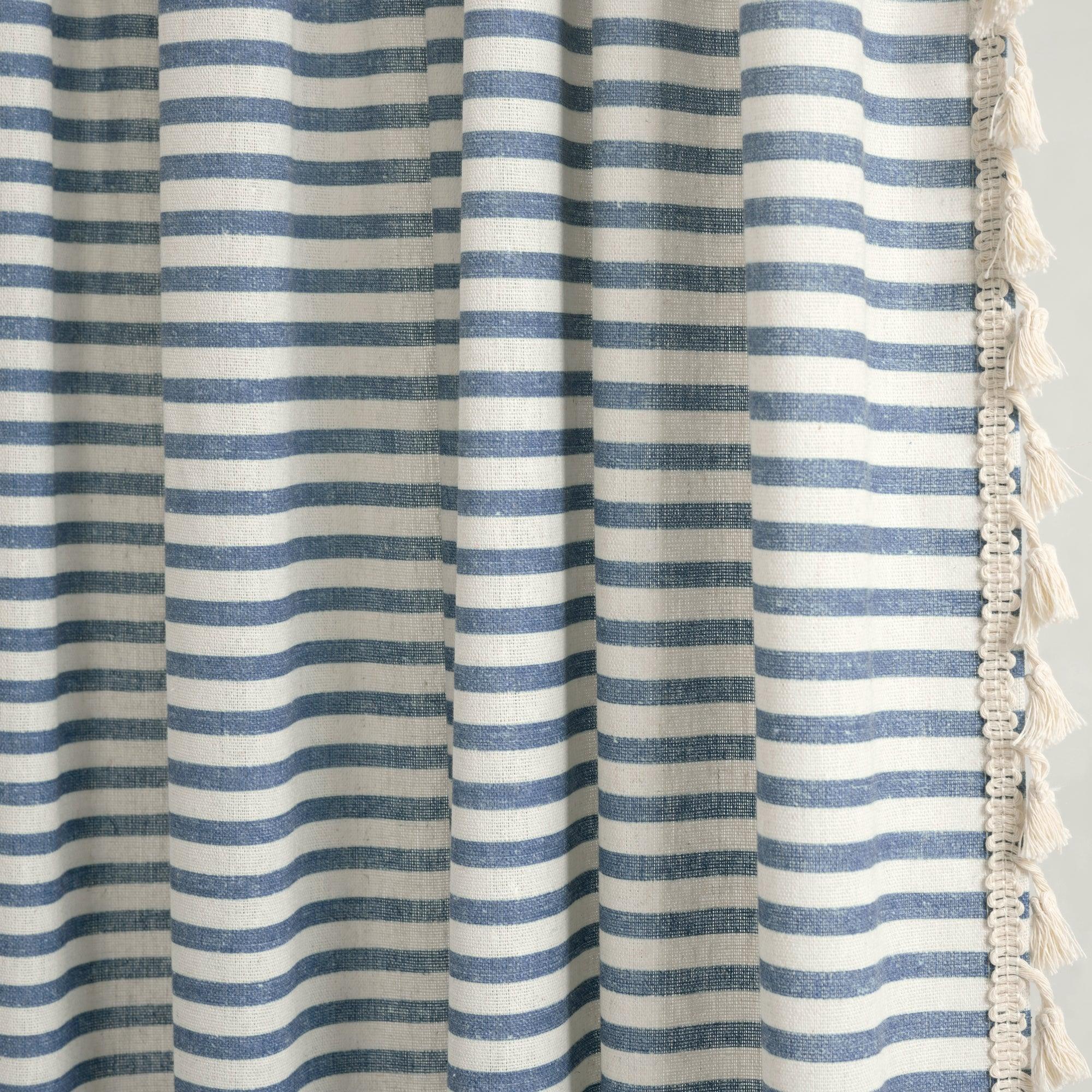 Boho Coastal Horizontal Ticking Stripe Tassel Window Curtain Panel Set