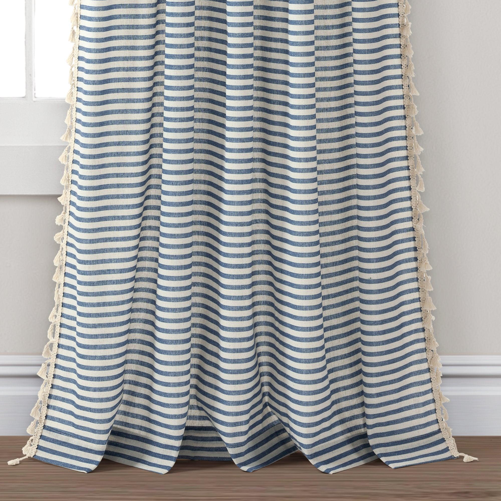 Boho Coastal Horizontal Ticking Stripe Tassel Window Curtain Panel Set