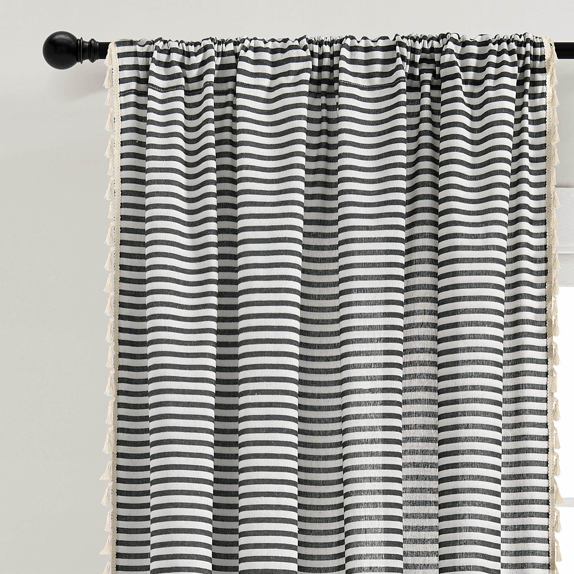 Boho Coastal Horizontal Ticking Stripe Tassel Window Curtain Panel Set