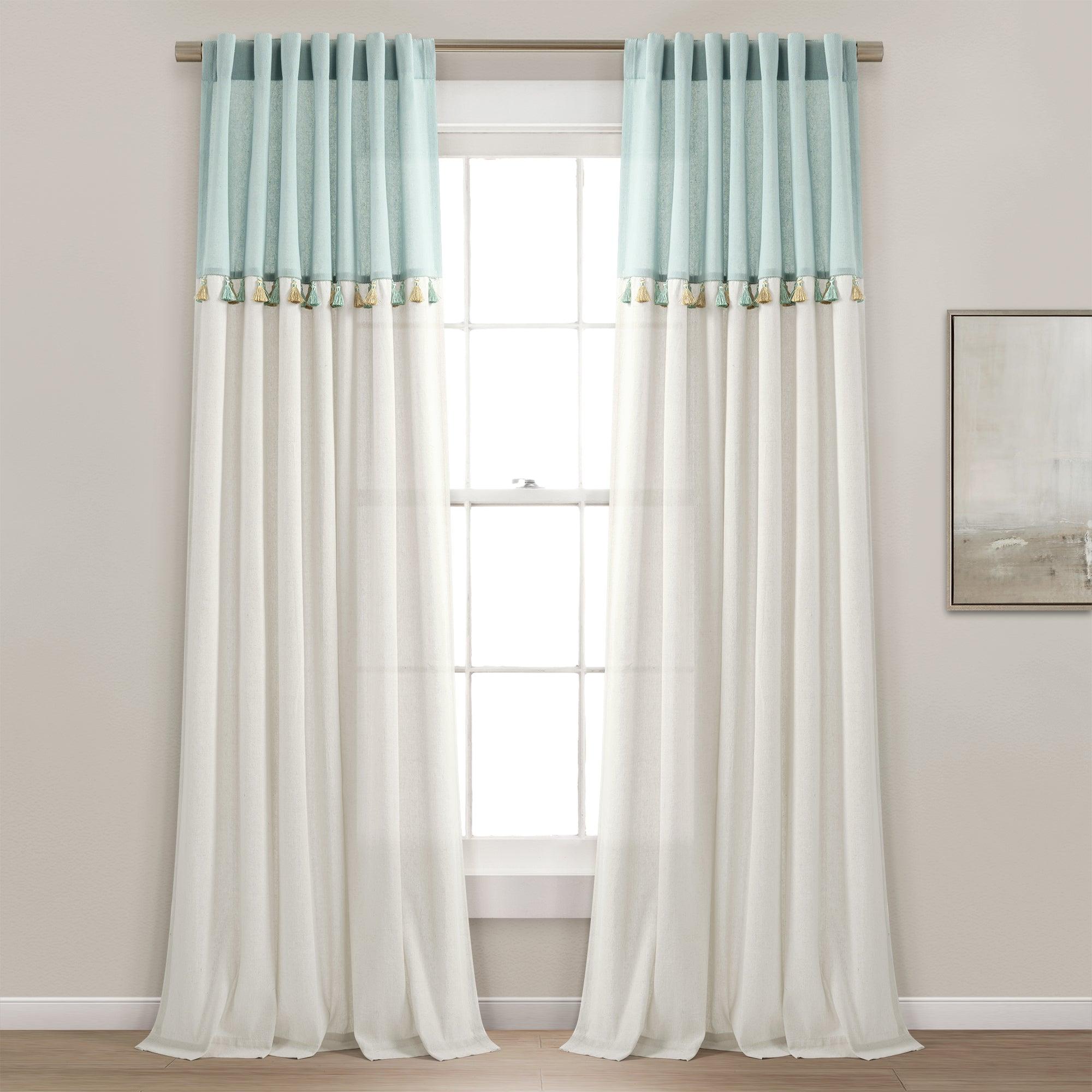 Boho Faux Linen Tassel Color Block Window Curtain Panel Set