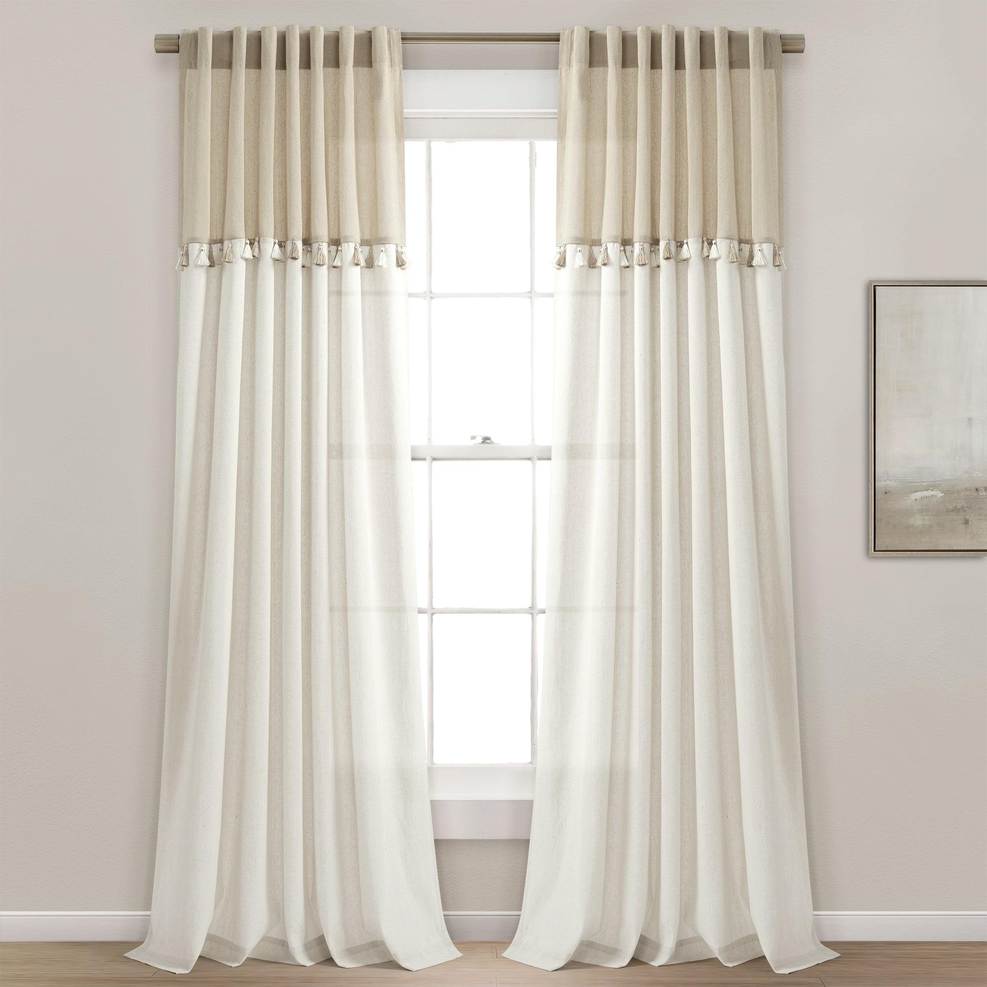 Boho Faux Linen Tassel Color Block Window Curtain Panel Set