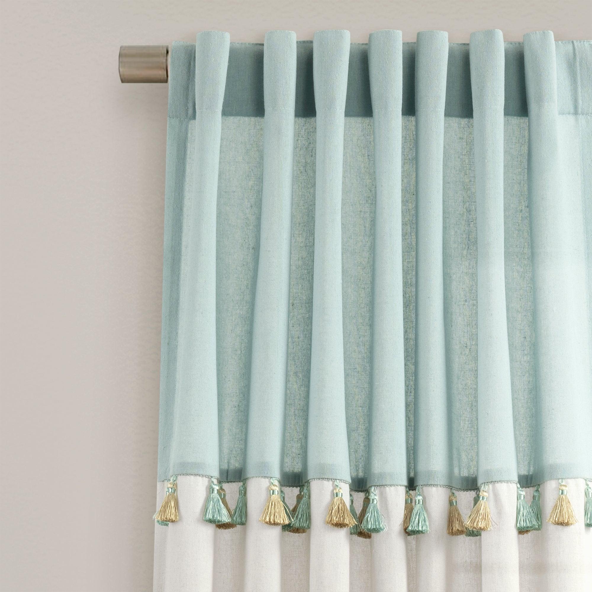 Boho Faux Linen Tassel Color Block Window Curtain Panel Set