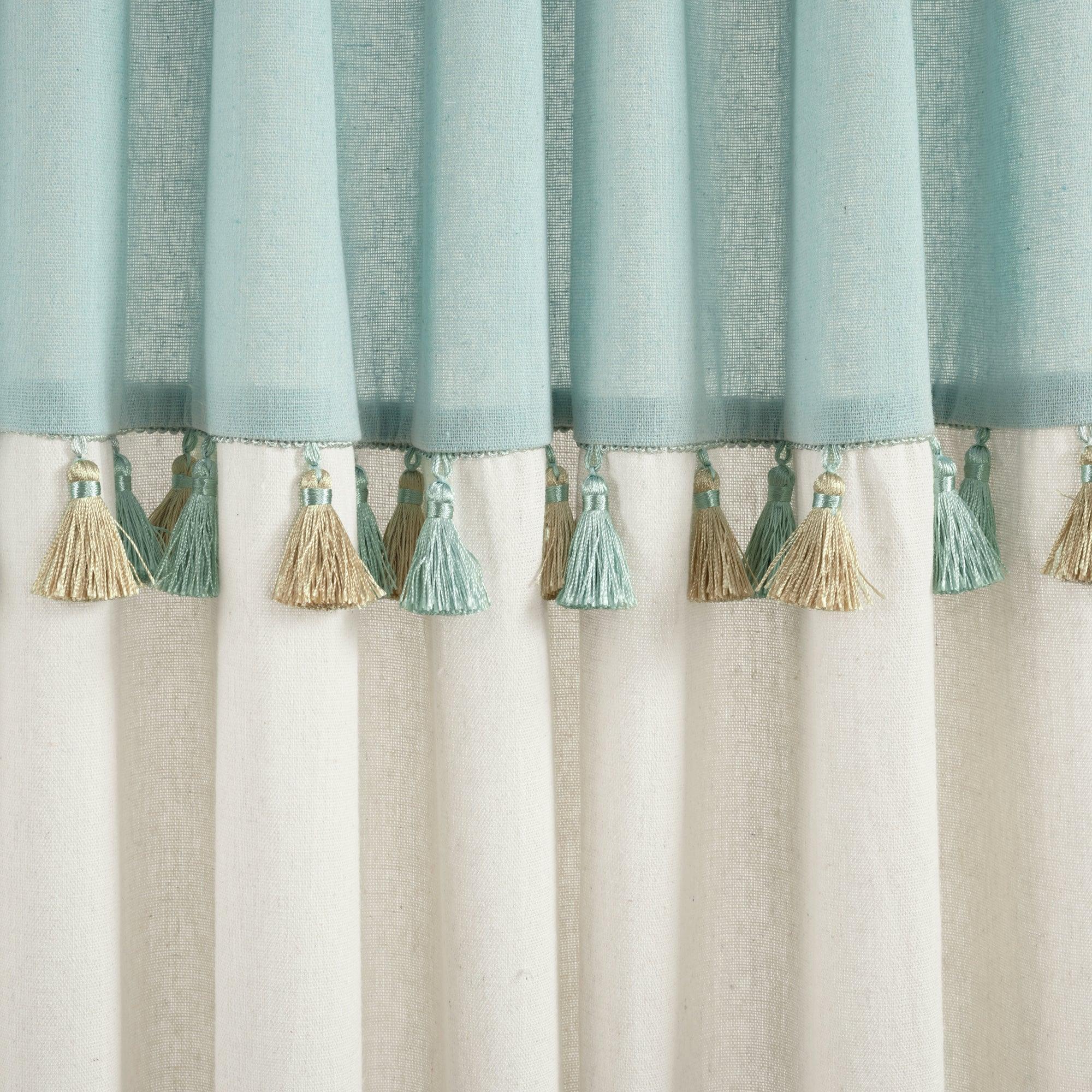 Boho Faux Linen Tassel Color Block Window Curtain Panel Set