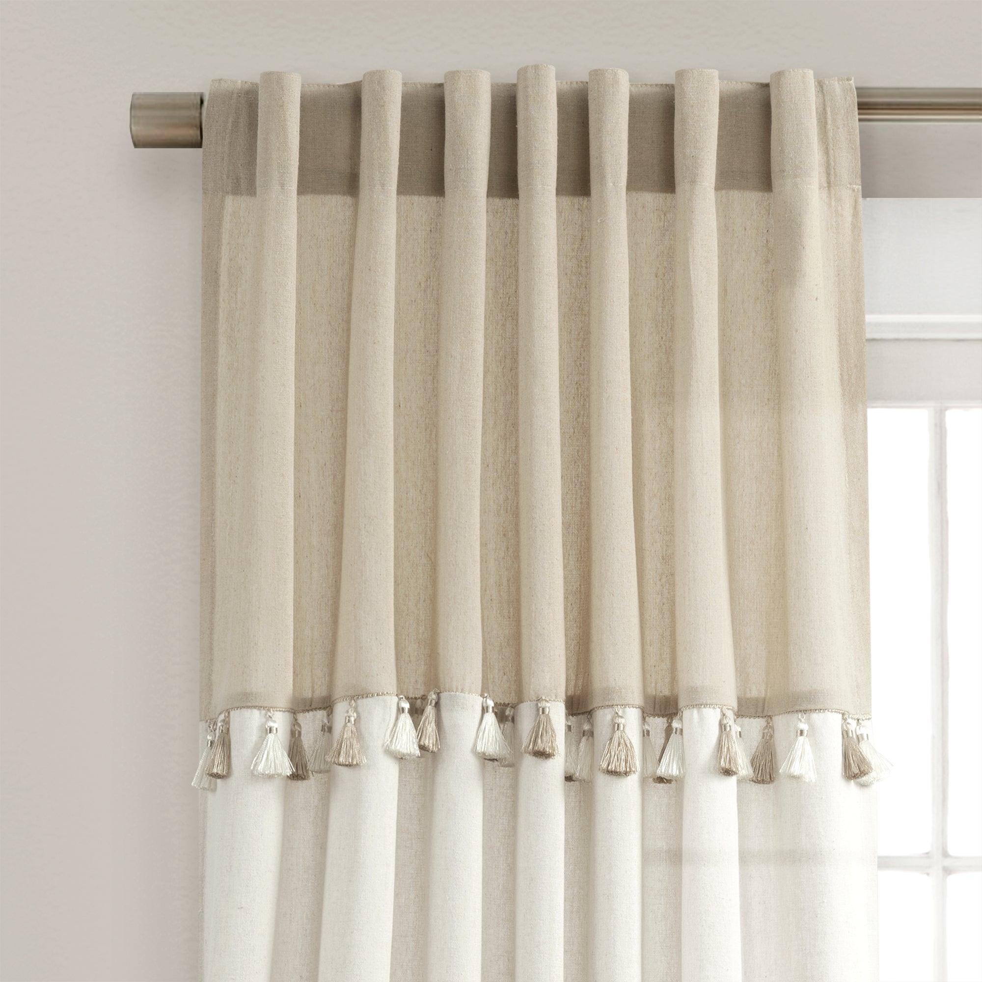 Boho Faux Linen Tassel Color Block Window Curtain Panel Set