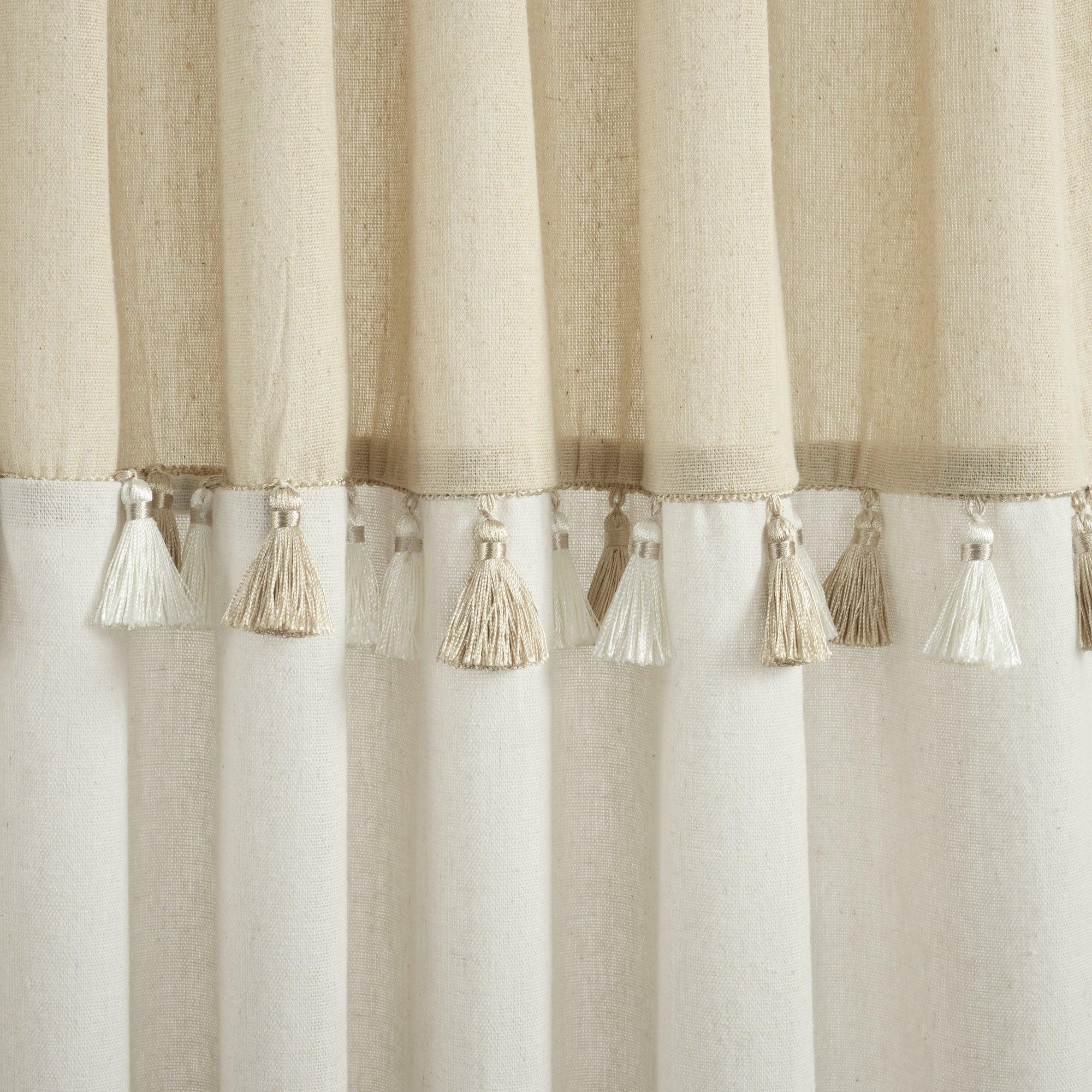 Boho Faux Linen Tassel Color Block Window Curtain Panel Set