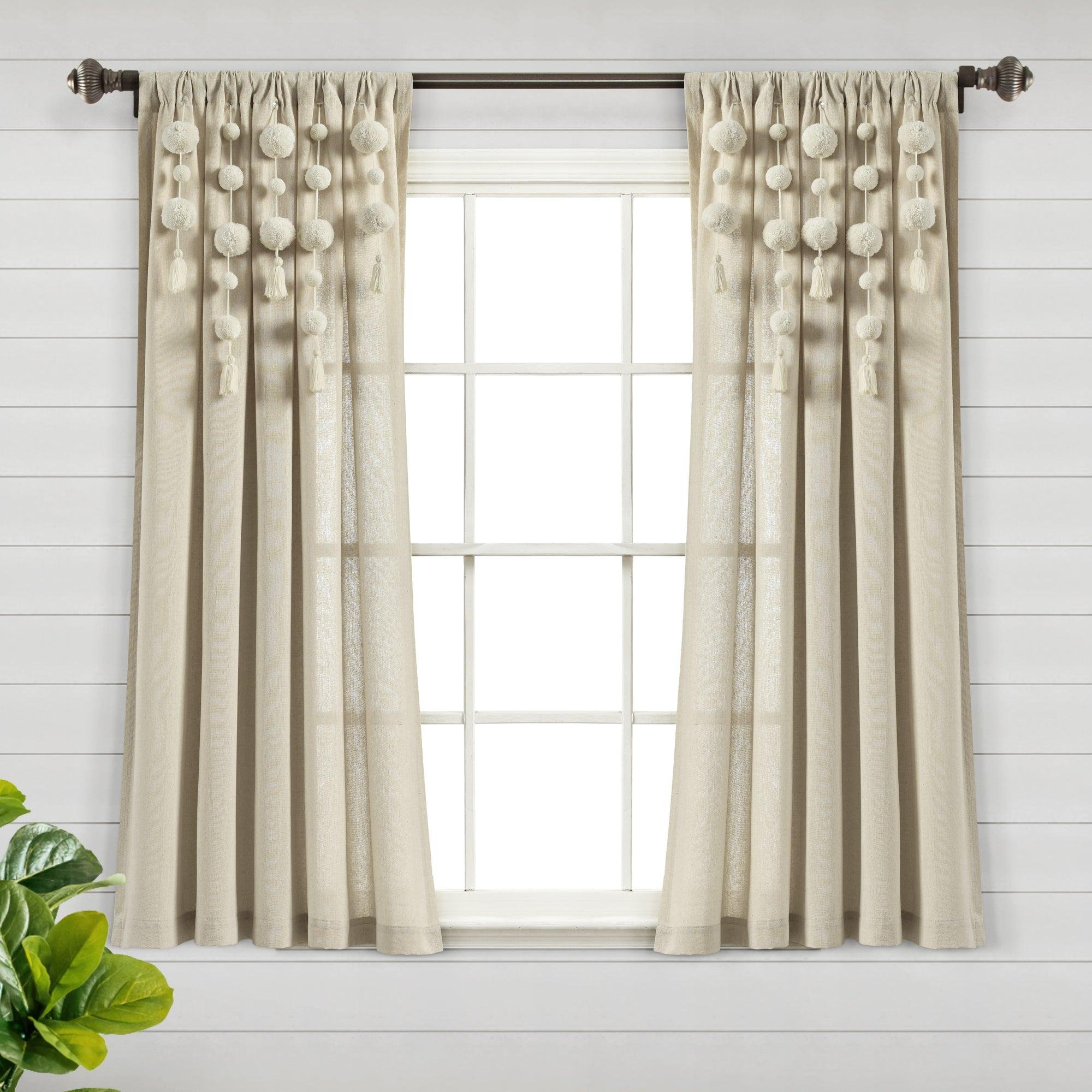 Boho Pom Pom Tassel Faux Linen Window Curtain Panel