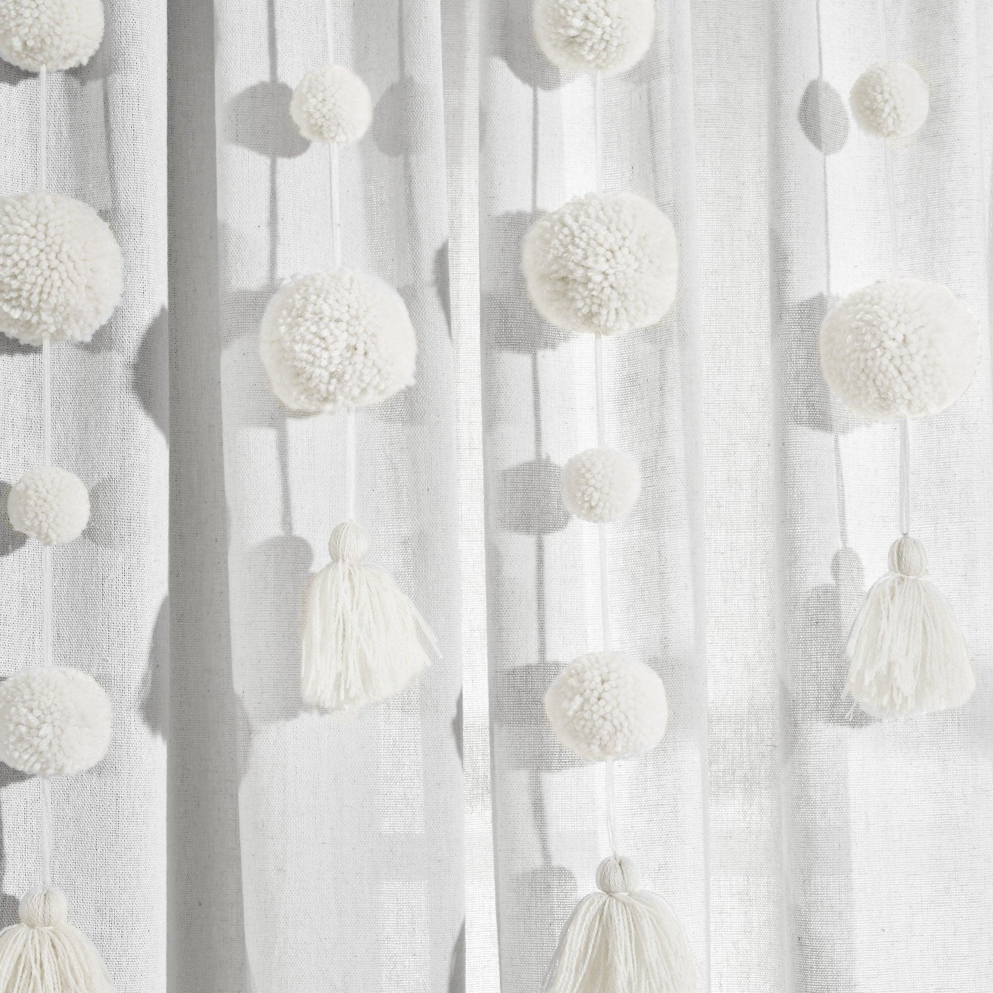 Boho Pom Pom Tassel Faux Linen Window Curtain Panel