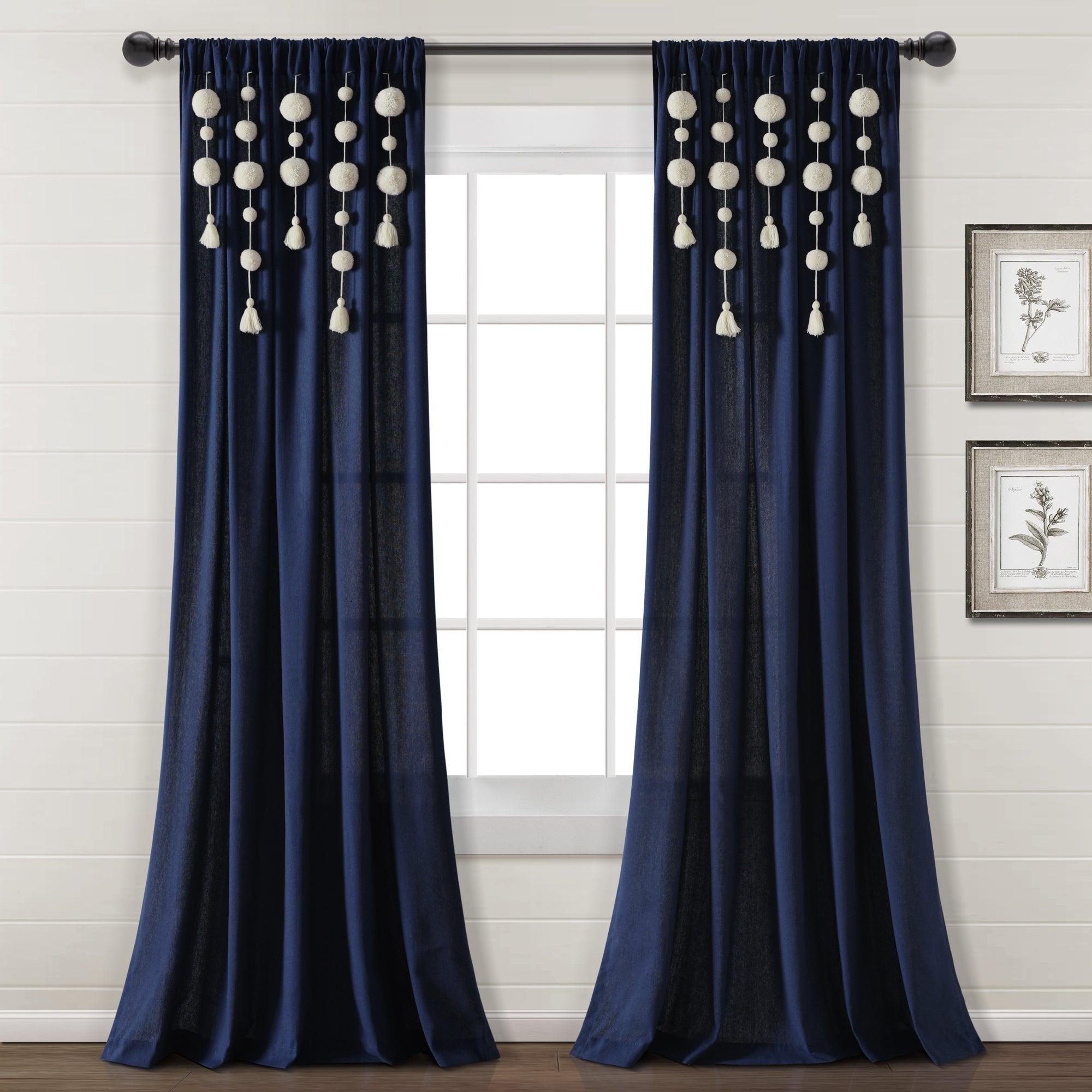 Boho Pom Pom Tassel Faux Linen Window Curtain Panel