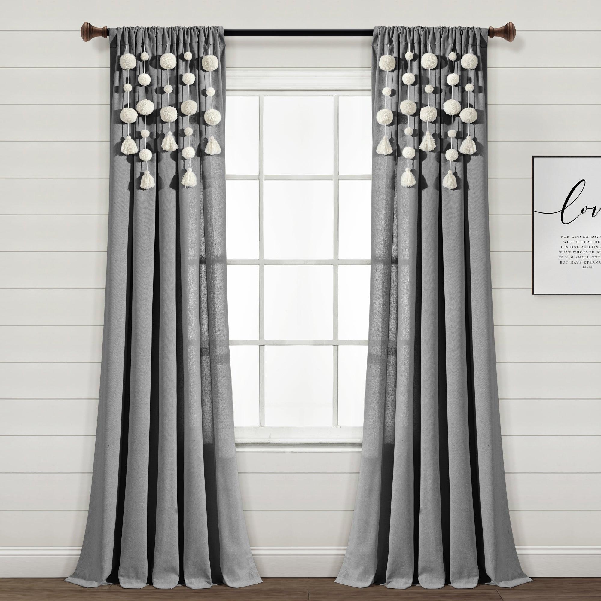 Boho Pom Pom Tassel Faux Linen Window Curtain Panel