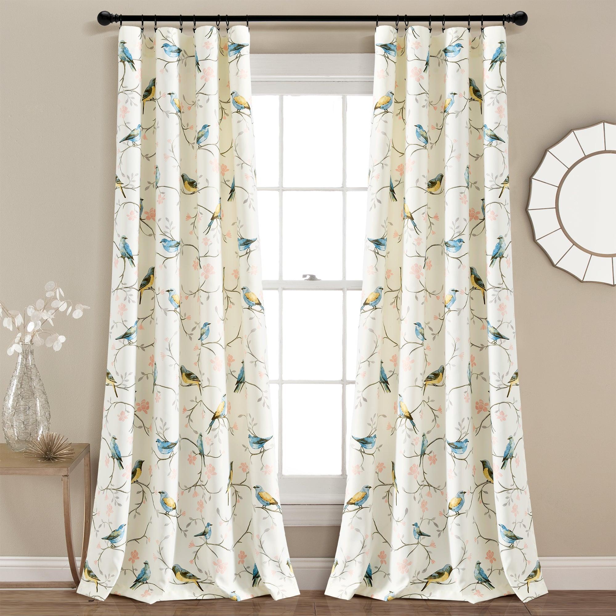 Botanical Bird & Flower Light Filtering Window Curtain Panel Set