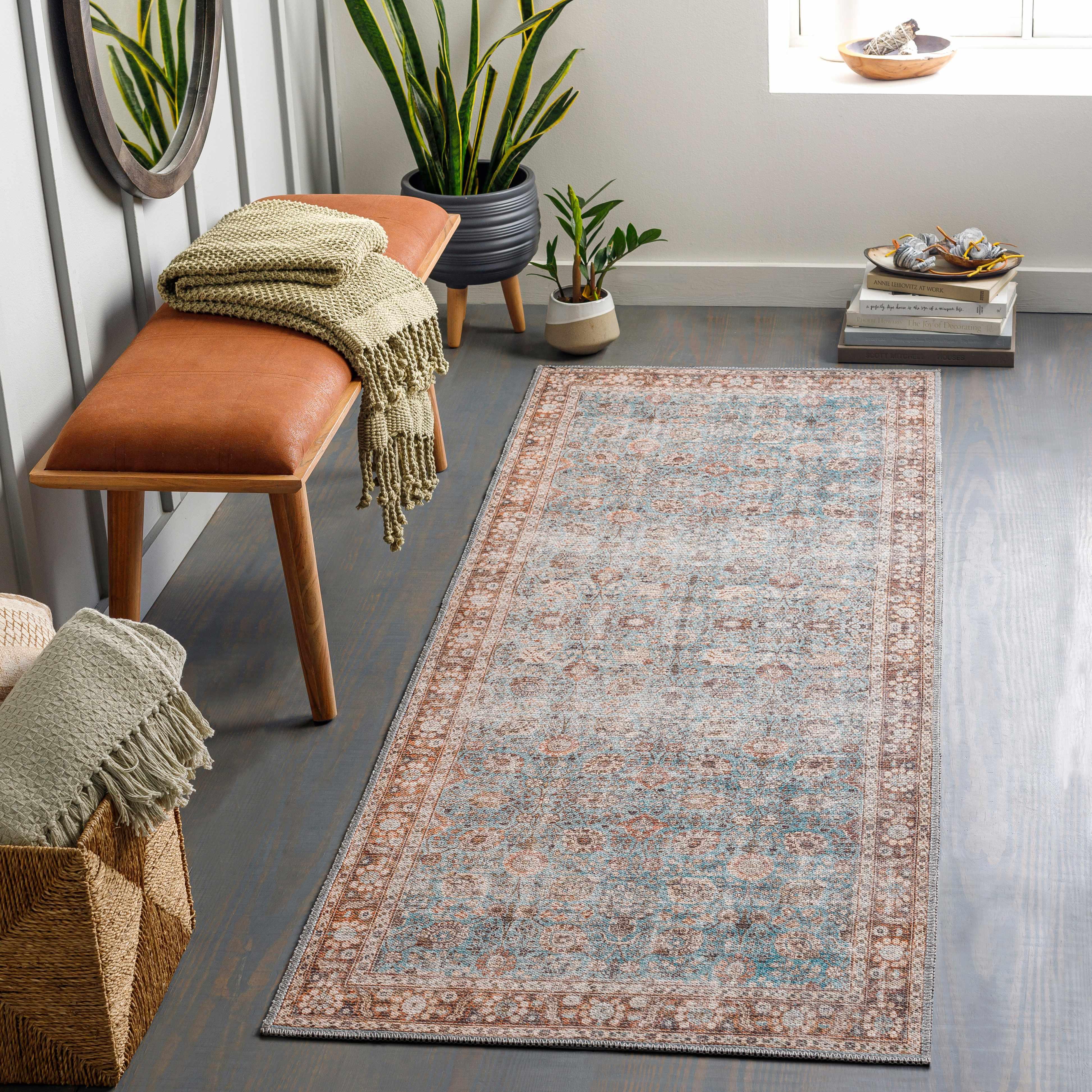 Brown Blue Dauis Vintage Washable Rug