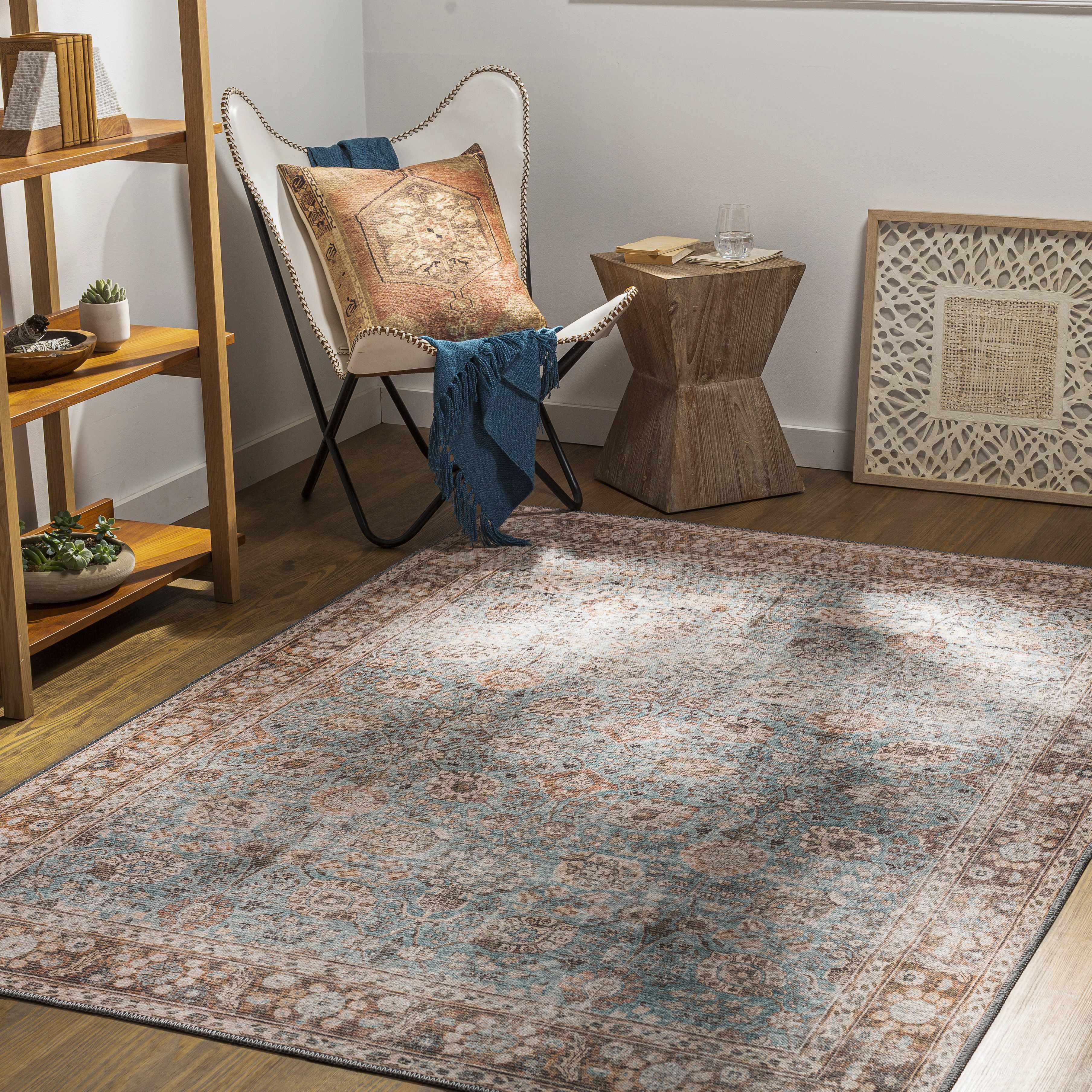 Brown Blue Dauis Vintage Washable Rug