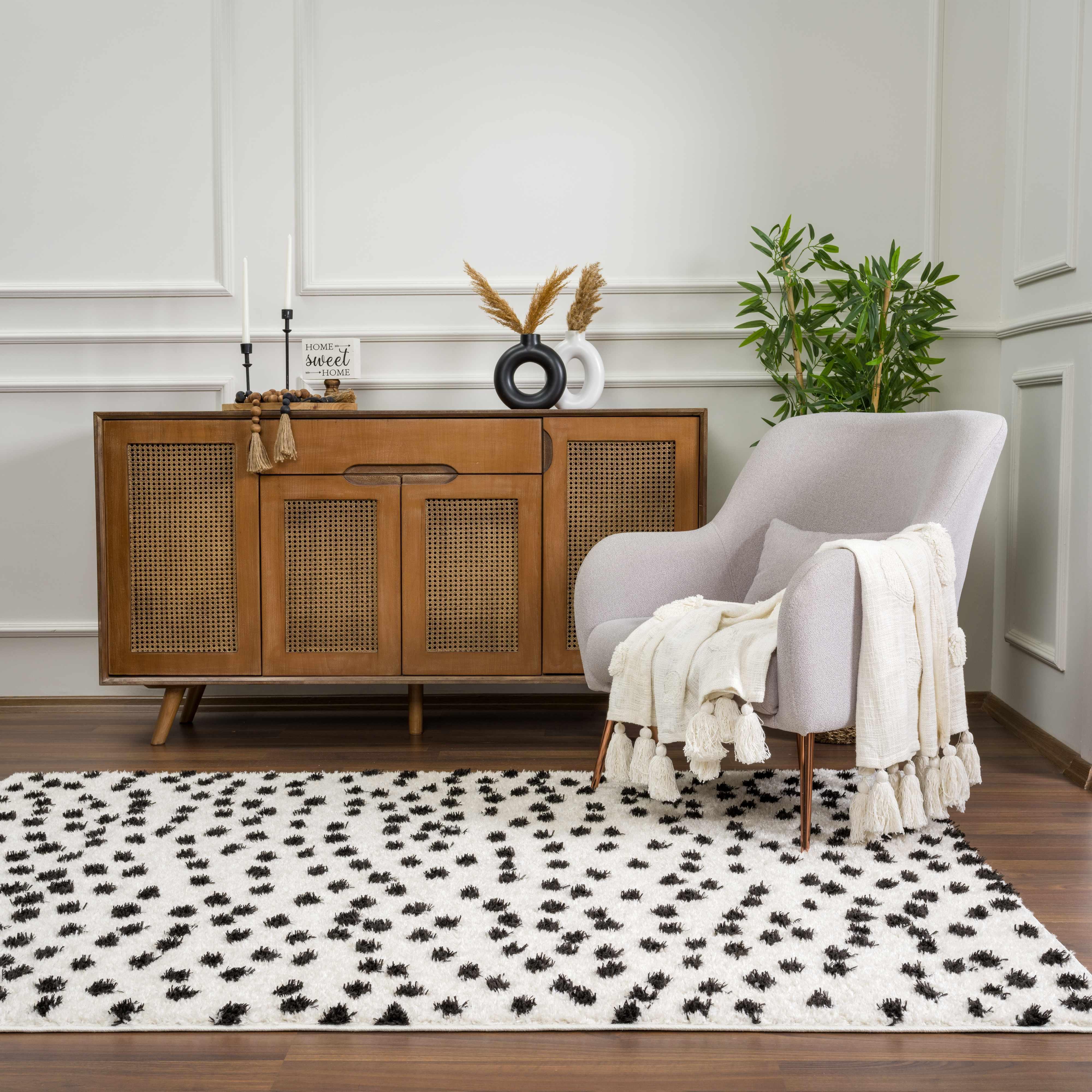 Cansu Black & White Dotted Area Rug