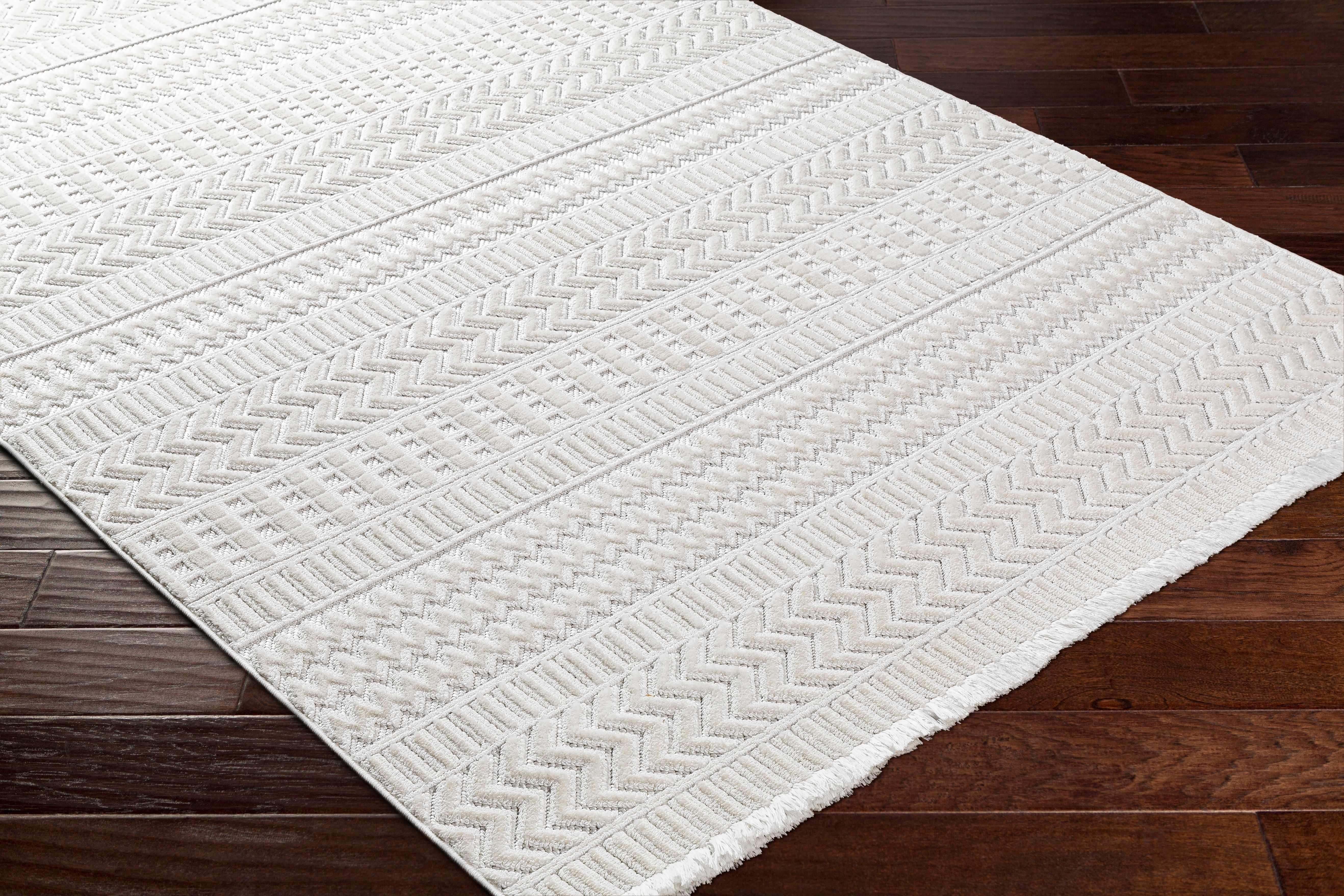 Cira Ivory Textured Area Rug with Fringes