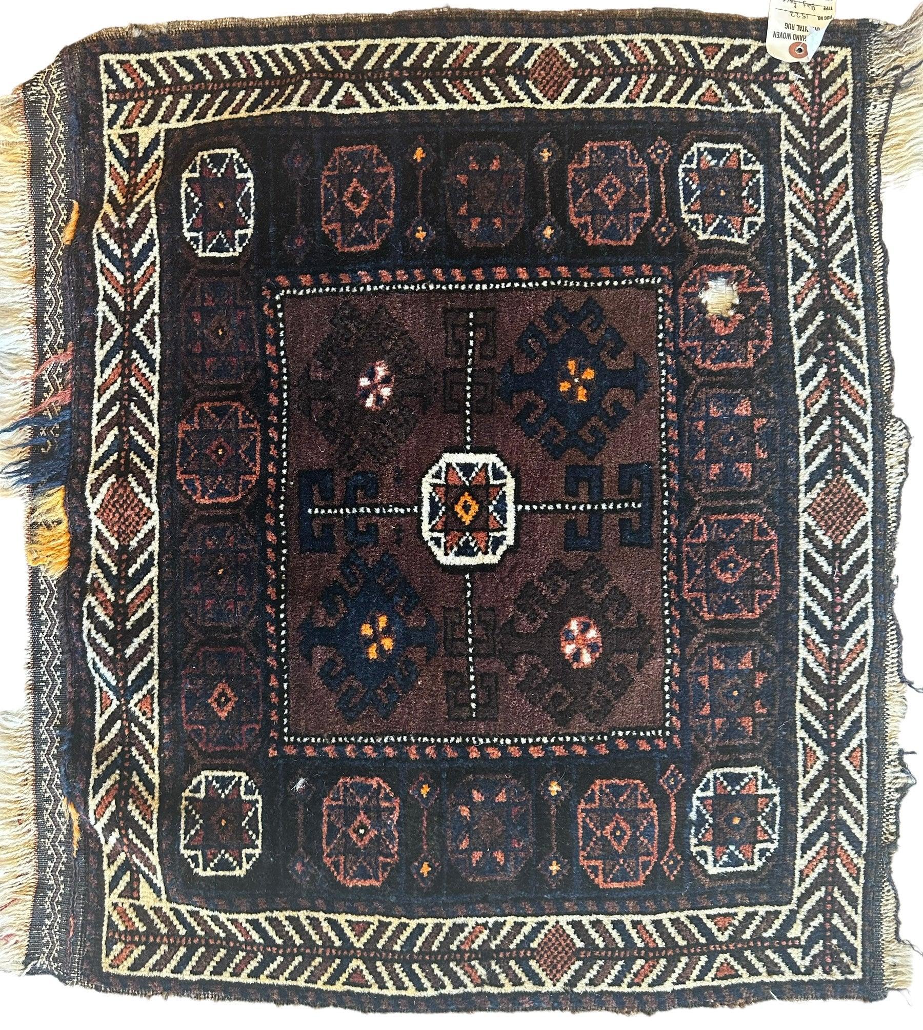 Distressed Hand Knotted Vintage Afghani Baluchi Wool Bag face 29” x 25”