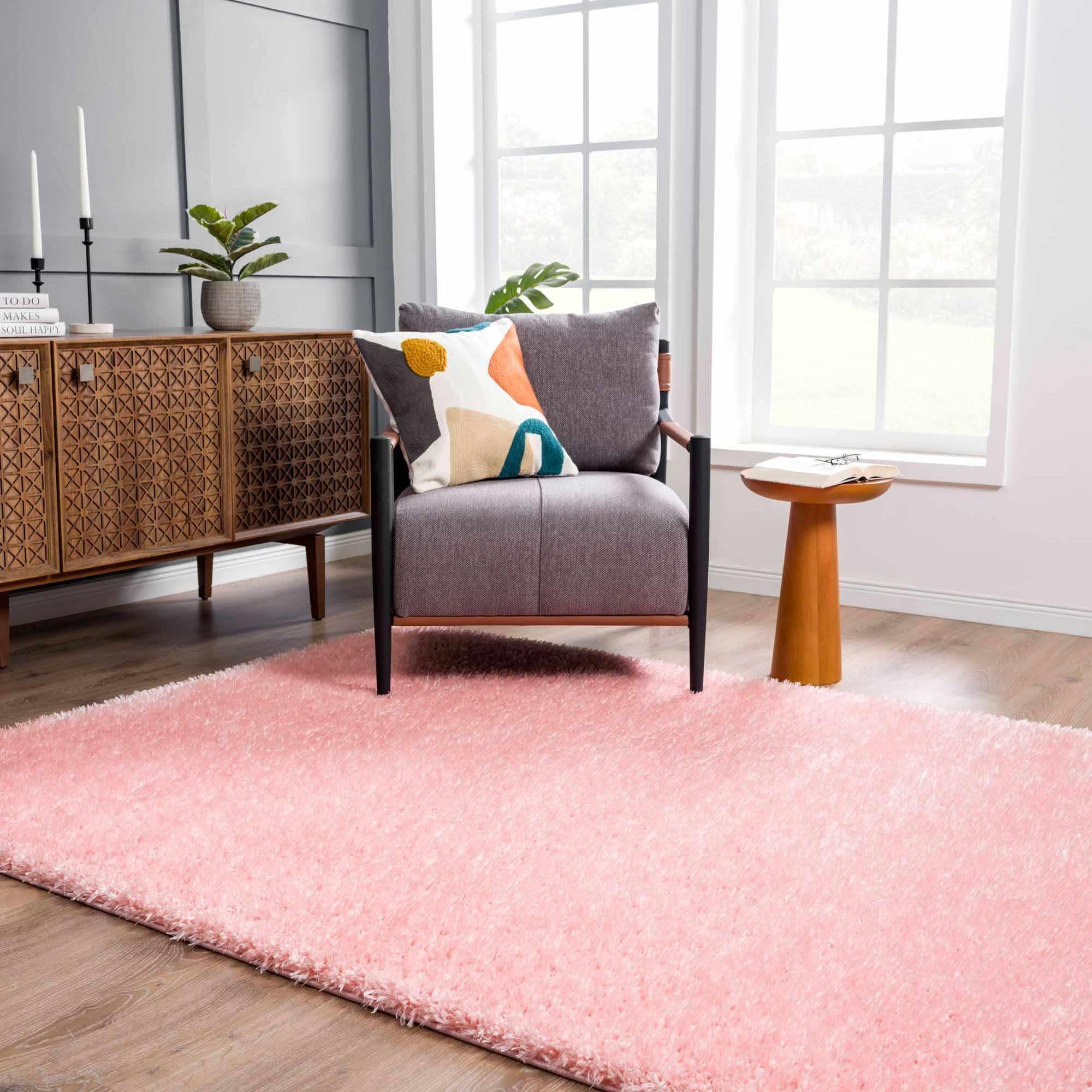 Faina Solid Pink Shag Rug Washable