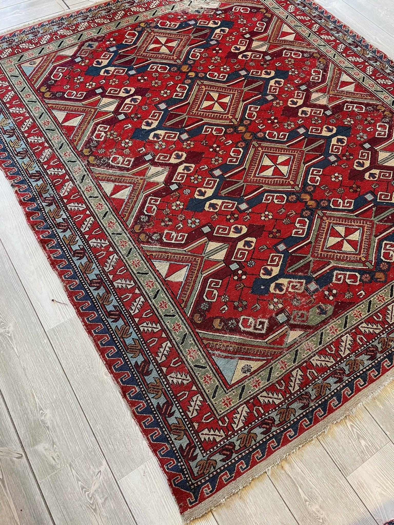 Fine Antique Natural Dyes Caucasian Soumak Area Rug 73''x91''