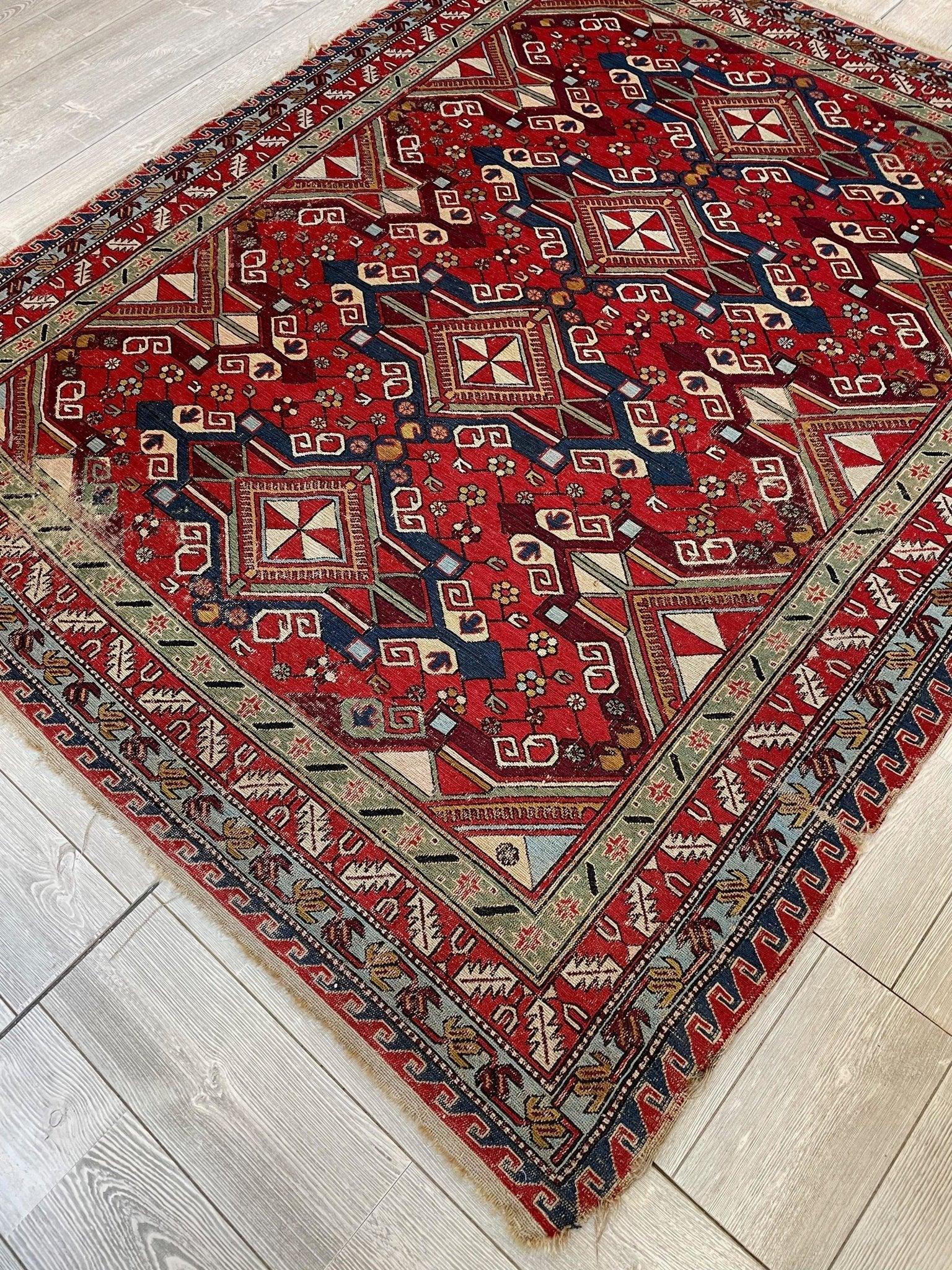 Fine Antique Natural Dyes Caucasian Soumak Area Rug 73''x91''