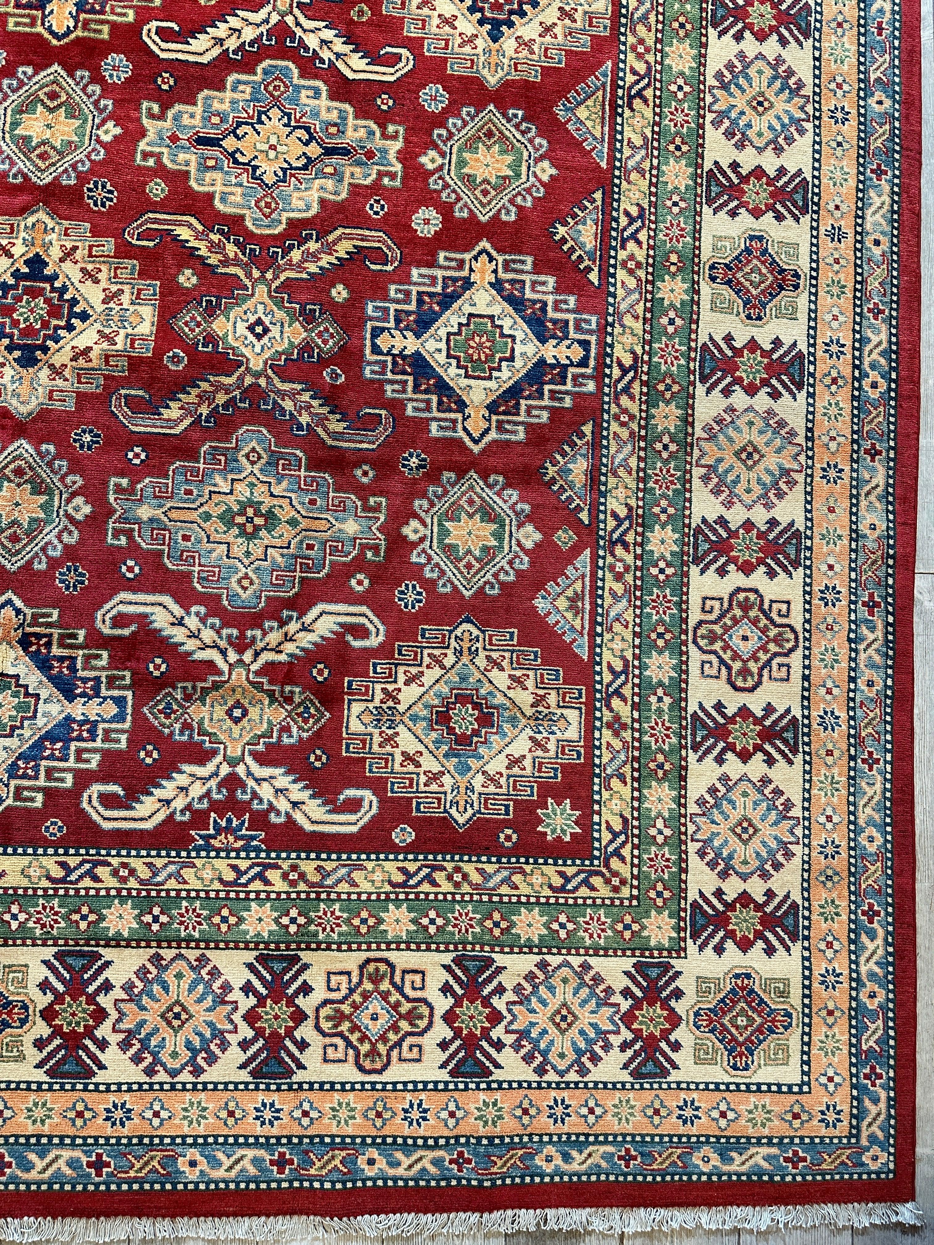 Fine Hand Knotted Afghani Super Kazak Rug 9 x 12