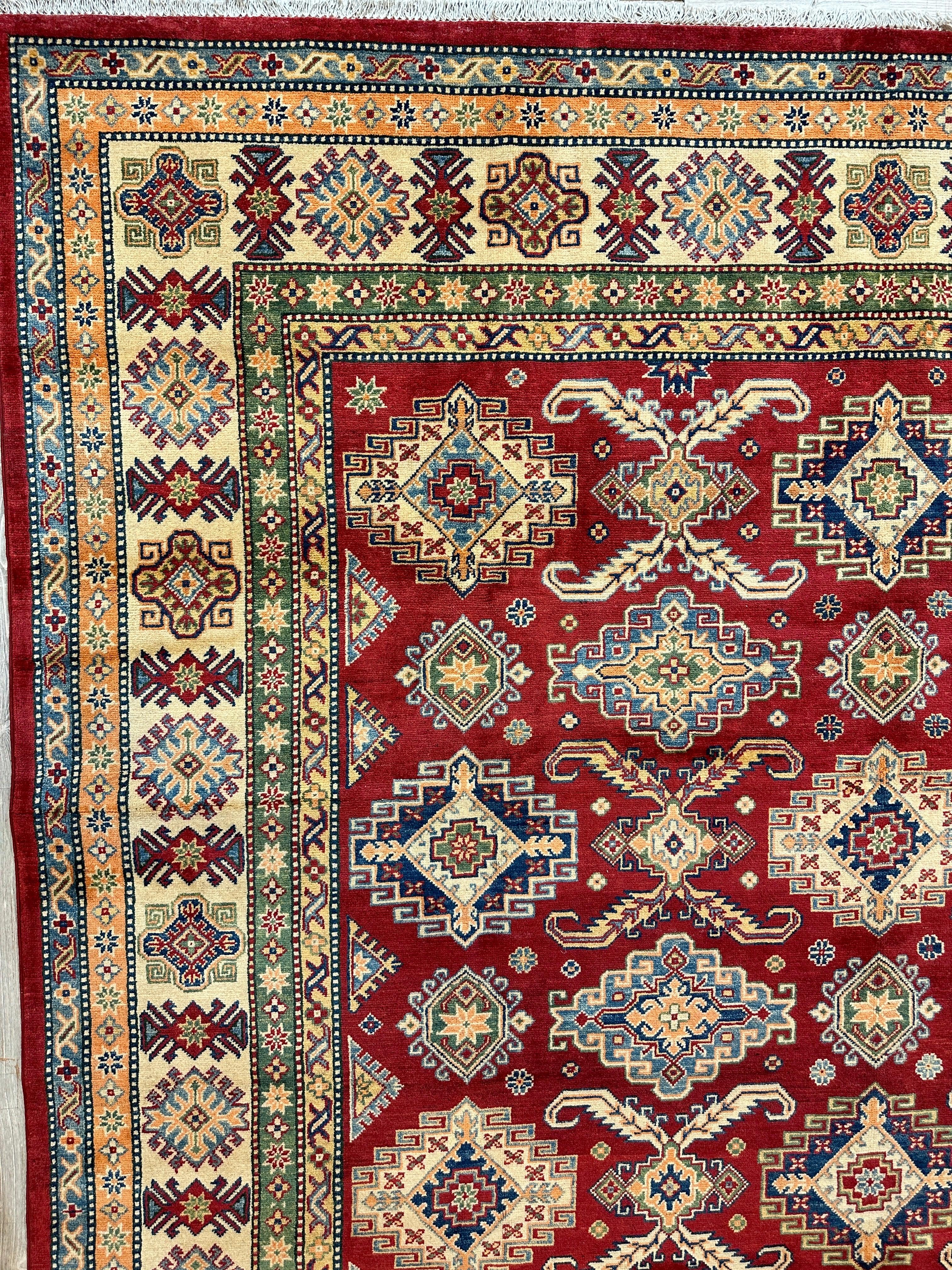 Fine Hand Knotted Afghani Super Kazak Rug 9 x 12