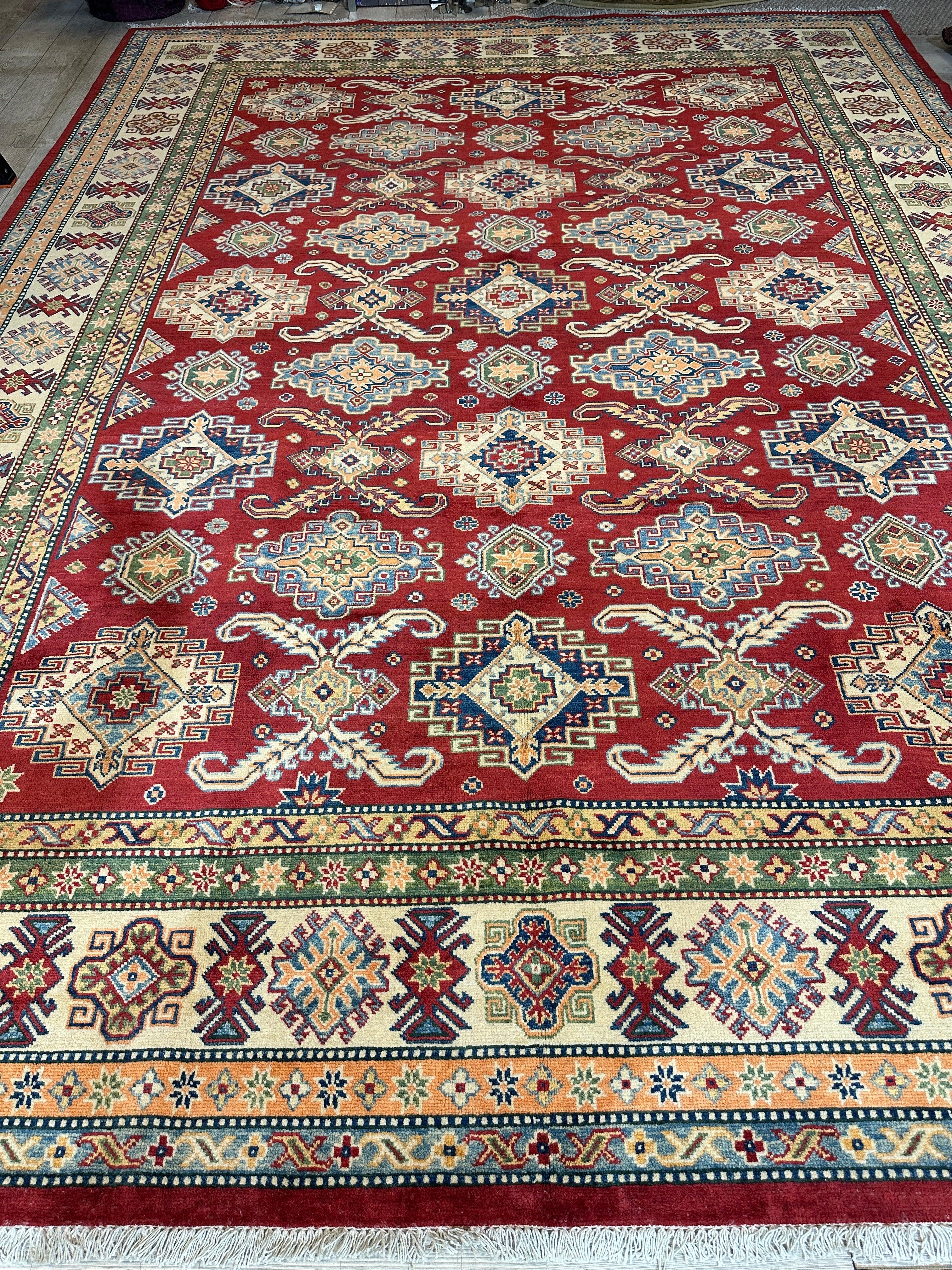 Fine Hand Knotted Afghani Super Kazak Rug 9 x 12