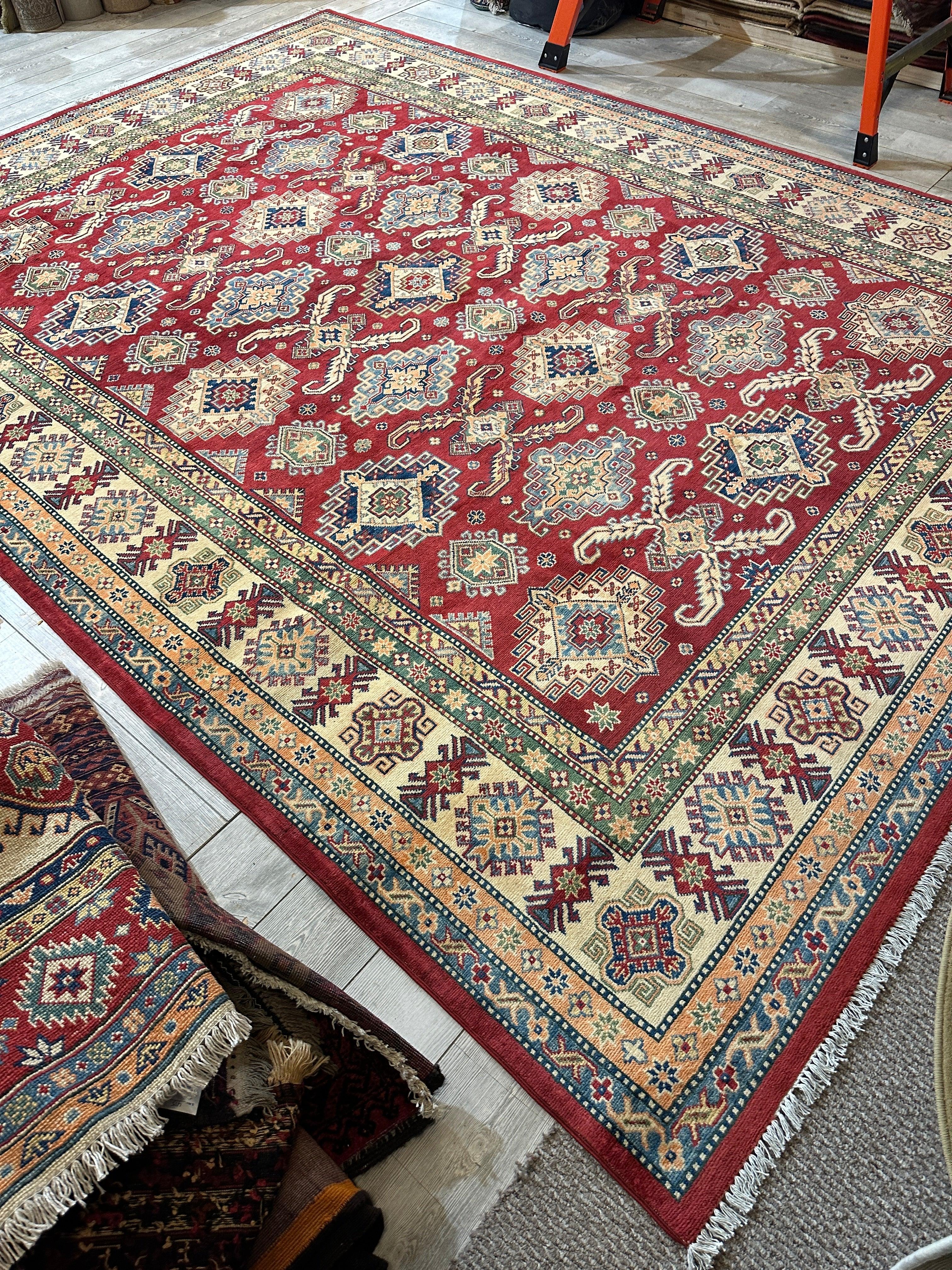 Fine Hand Knotted Afghani Super Kazak Rug 9 x 12