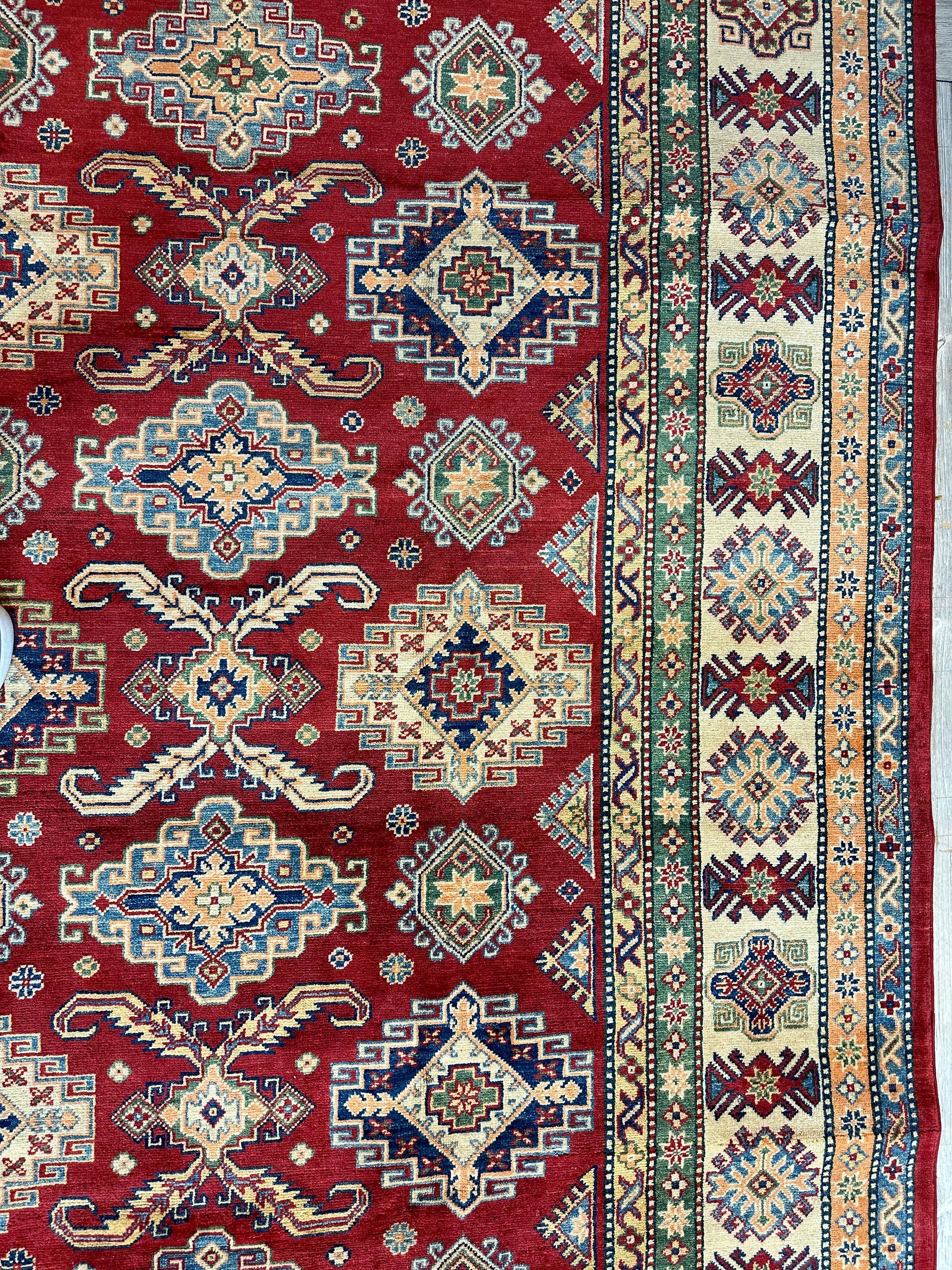 Fine Hand Knotted Afghani Super Kazak Rug 9 x 12