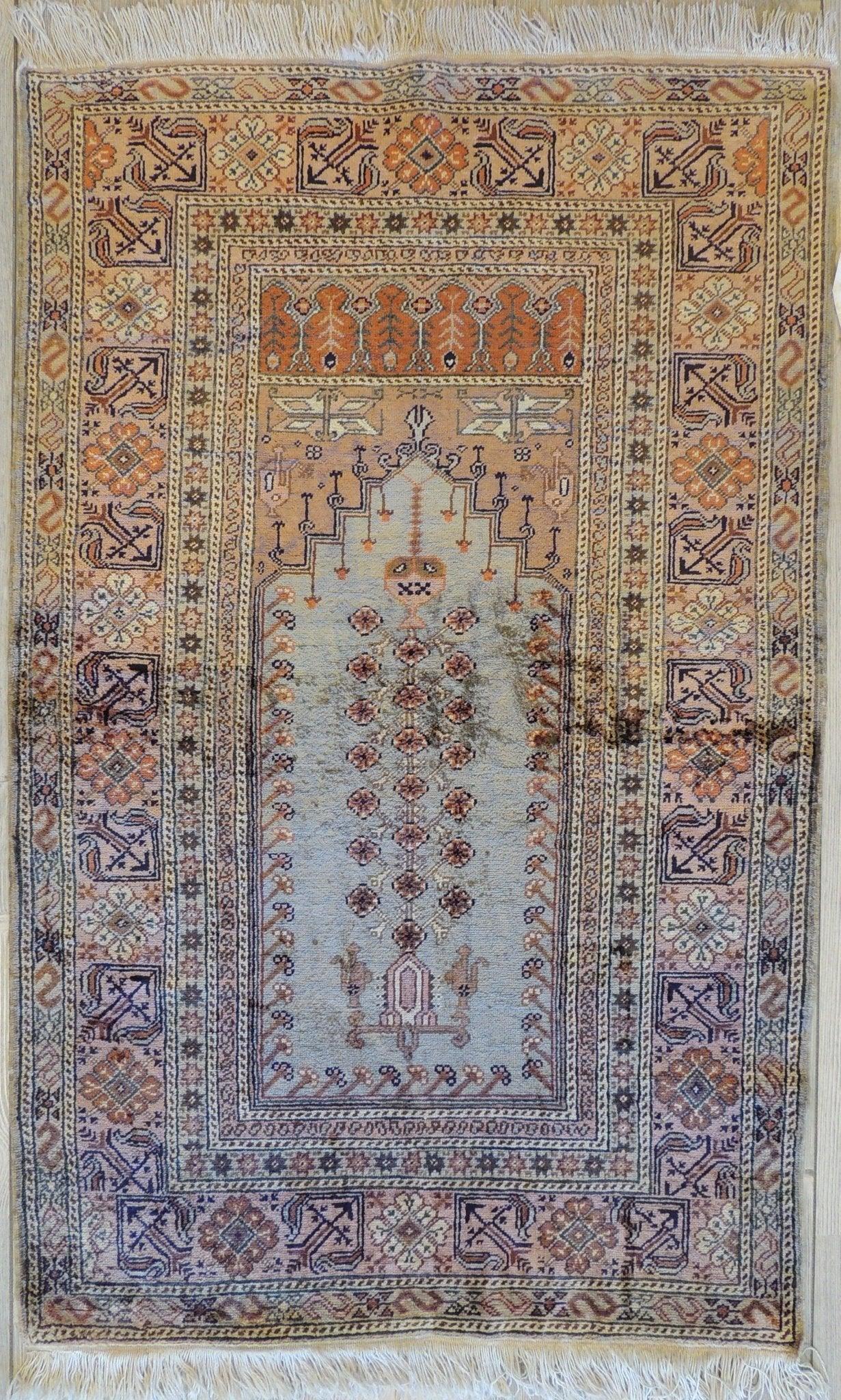 Fine Vintage Hand-Knotted Kayseri Silk Prayer Rug 34''x55''