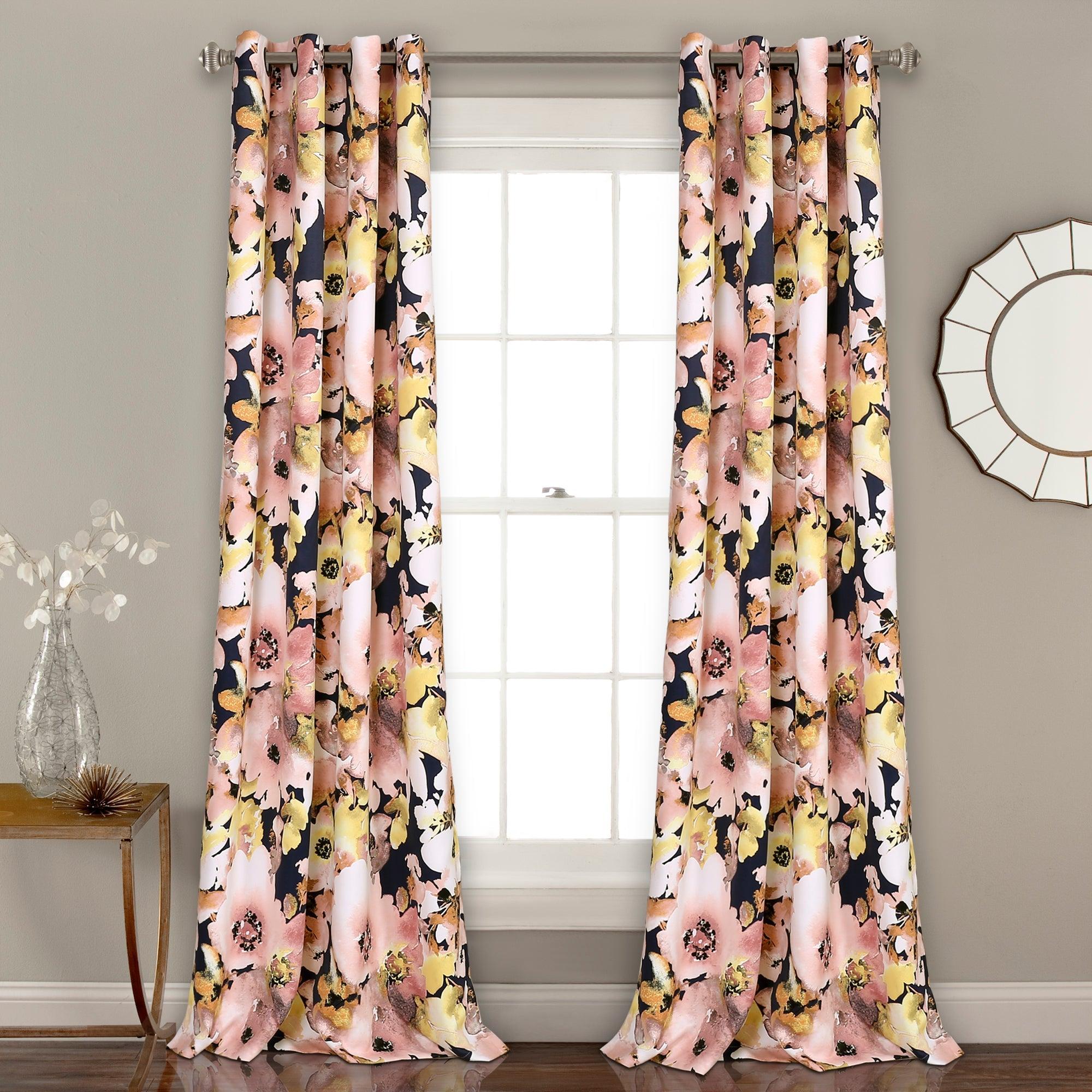 Floral Watercolor Room Darkening Window Curtain Panel Set