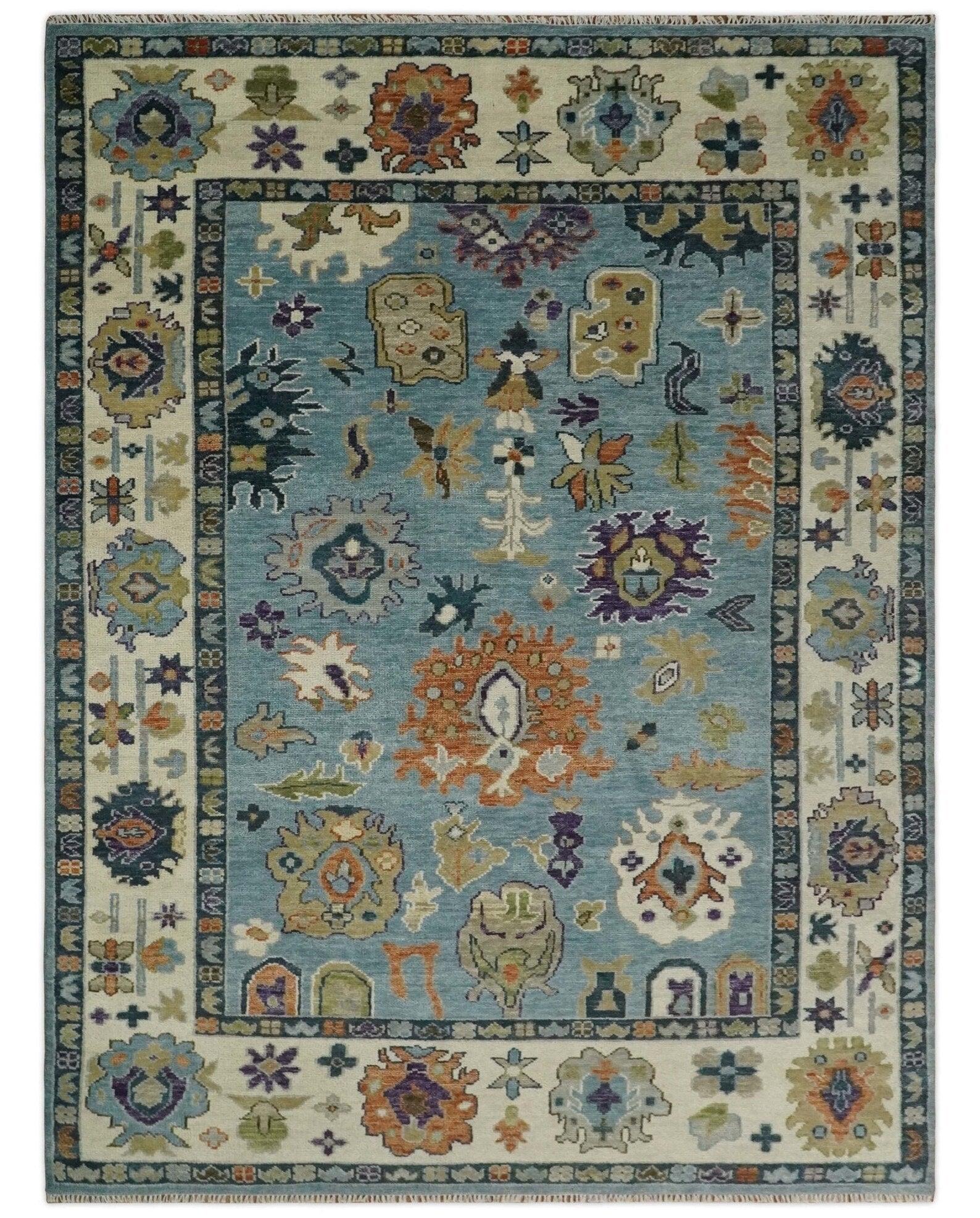 Hand Knotted Oushak Blue & Ivory Traditional Wool Rug, Living Room Rug 8 x 10