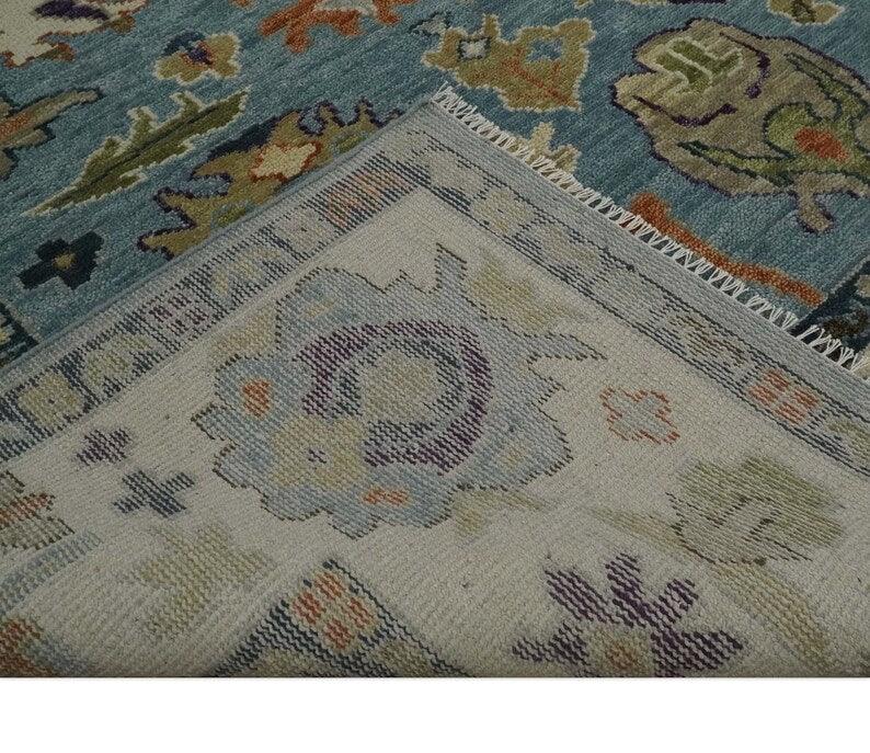 Hand Knotted Oushak Blue & Ivory Traditional Wool Rug, Living Room Rug 8 x 10