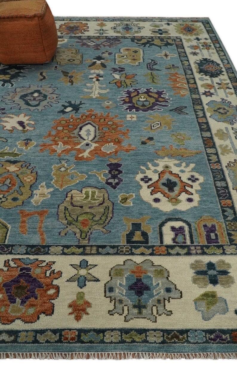 Hand Knotted Oushak Blue & Ivory Traditional Wool Rug, Living Room Rug 8 x 10