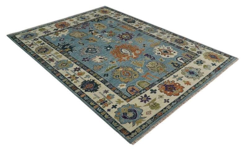 Hand Knotted Oushak Blue & Ivory Traditional Wool Rug, Living Room Rug 8 x 10