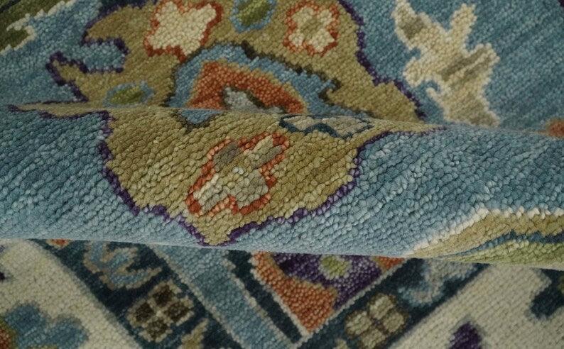 Hand Knotted Oushak Blue & Ivory Traditional Wool Rug, Living Room Rug 8 x 10