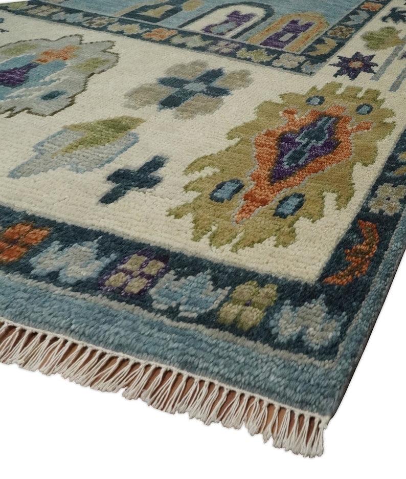 Hand Knotted Oushak Blue & Ivory Traditional Wool Rug, Living Room Rug 8 x 10