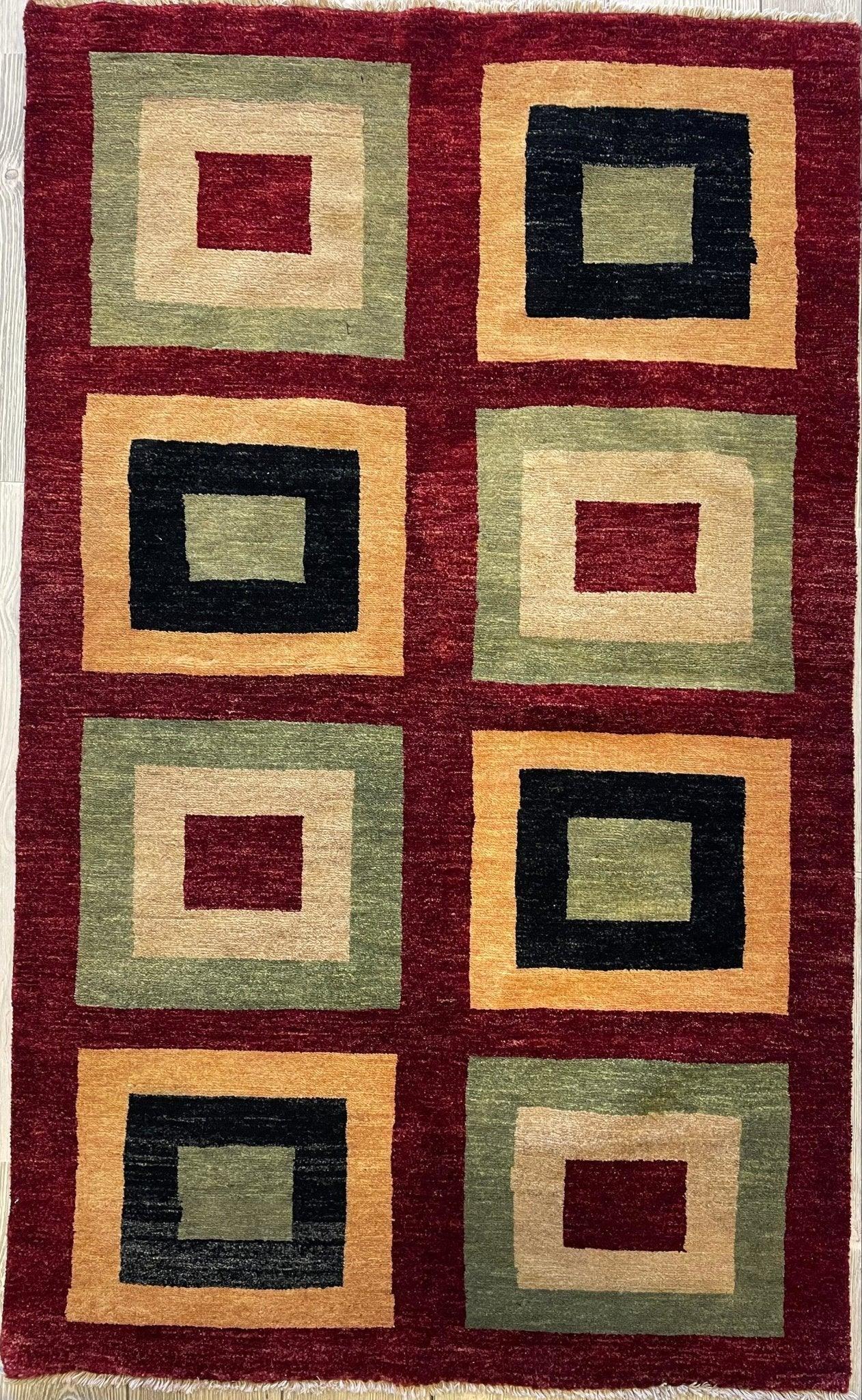 Hand Made Modern Multicolors Geometric Ghabeh Rug 3x5 Ft