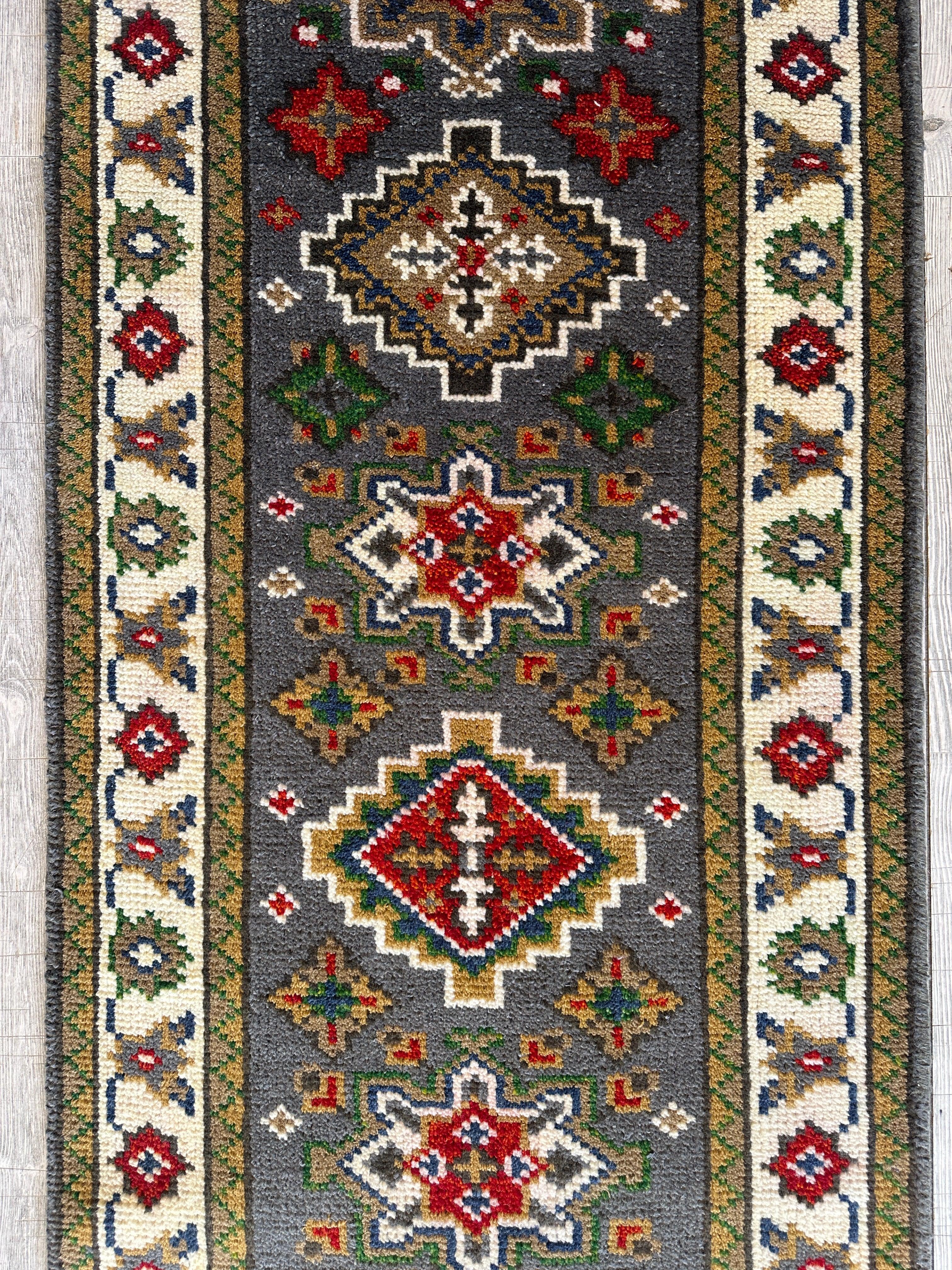 Handmade Indo-Kazak Runner Rug 2’6” x 12’