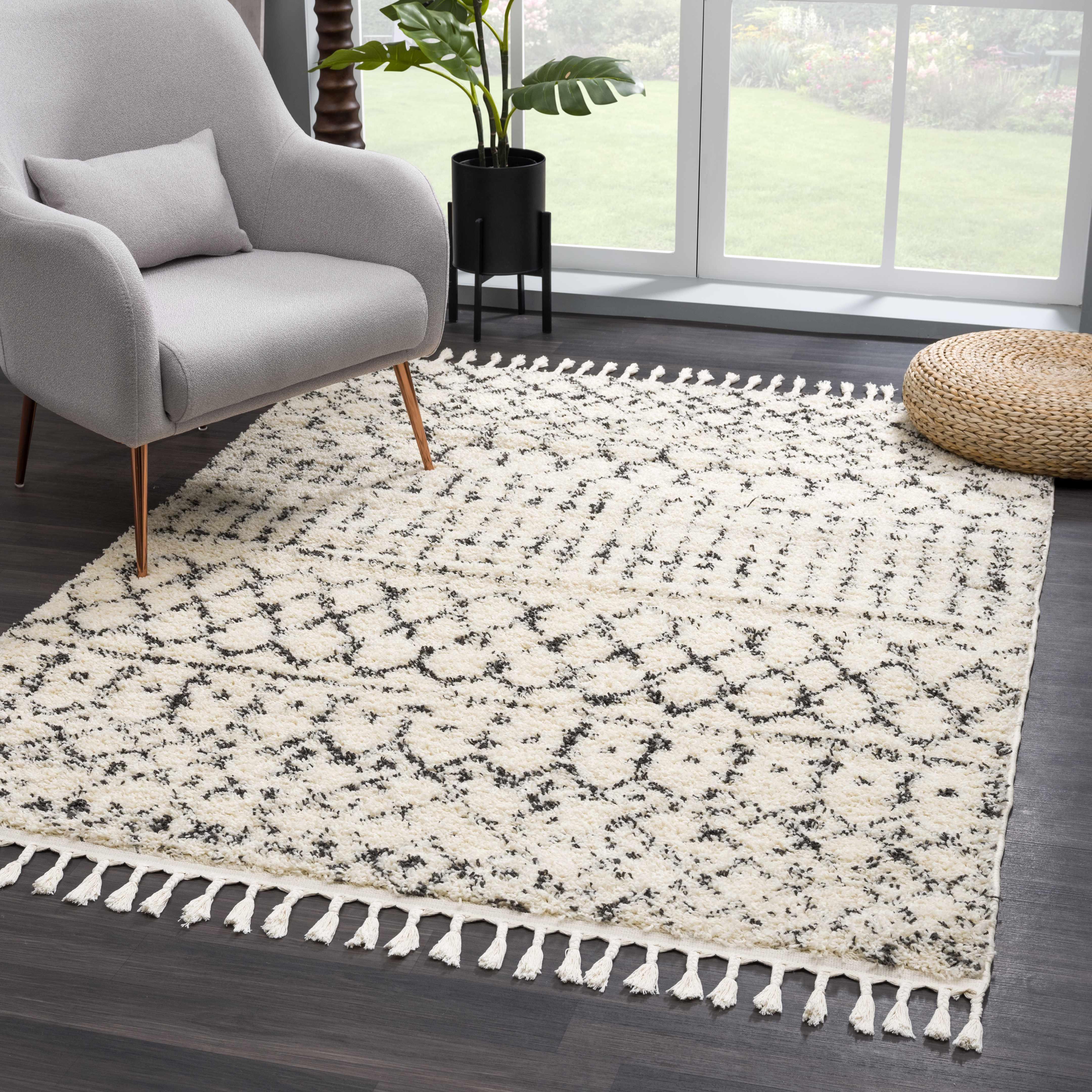 Kibureau Cream Trellis Shag Area Rug