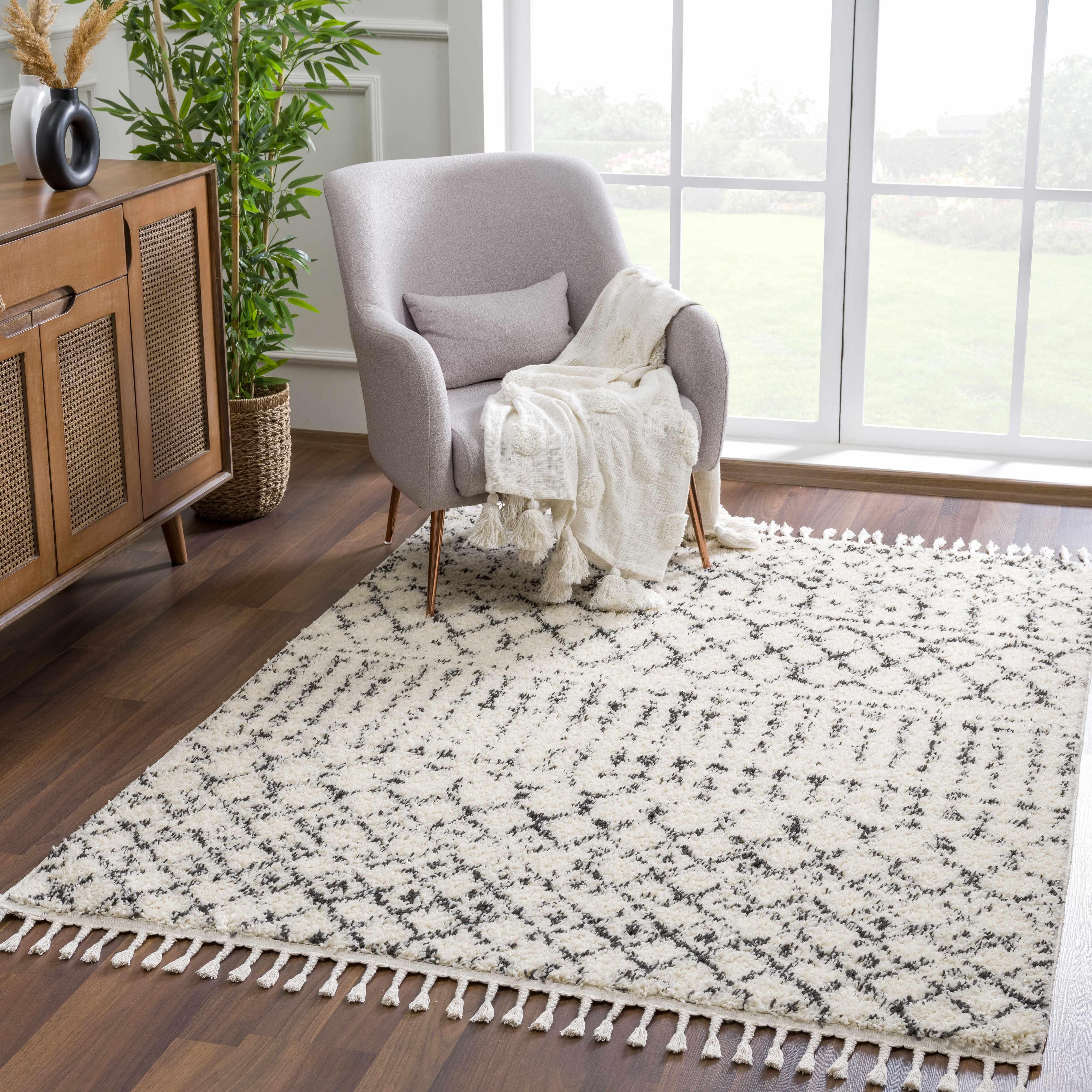 Kibureau Cream Trellis Shag Area Rug