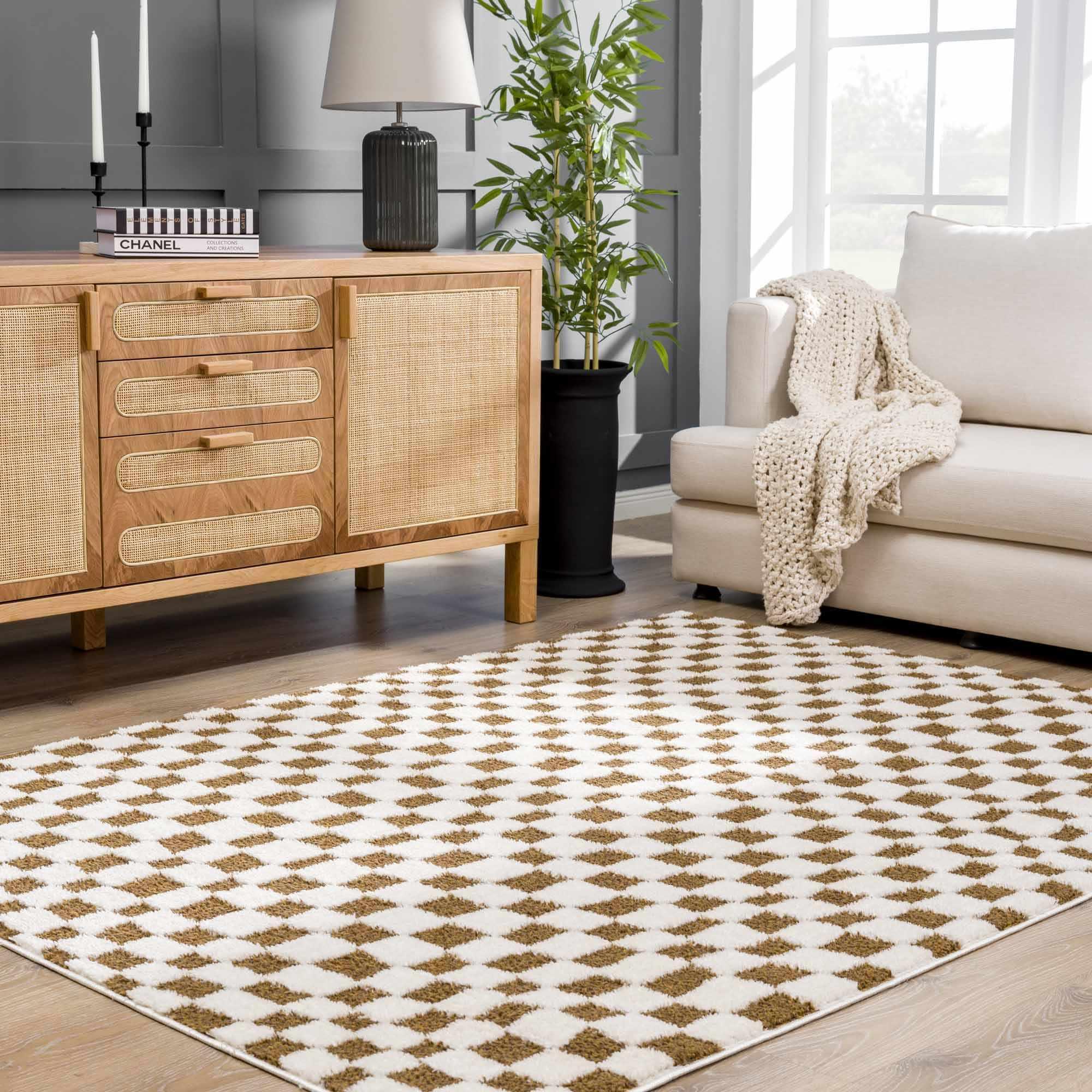 Lajos Brown Checkered Area Rug