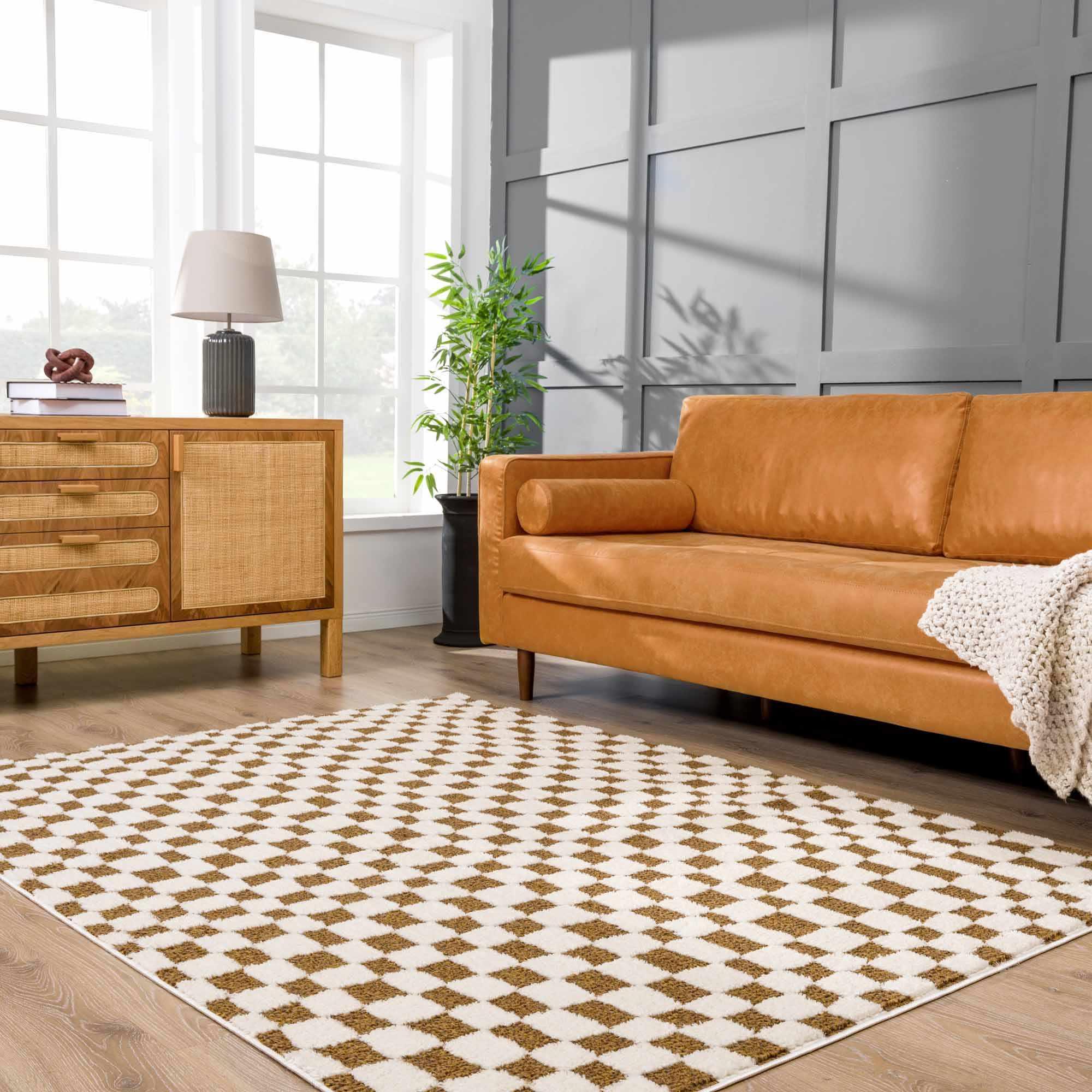 Lajos Brown Checkered Area Rug