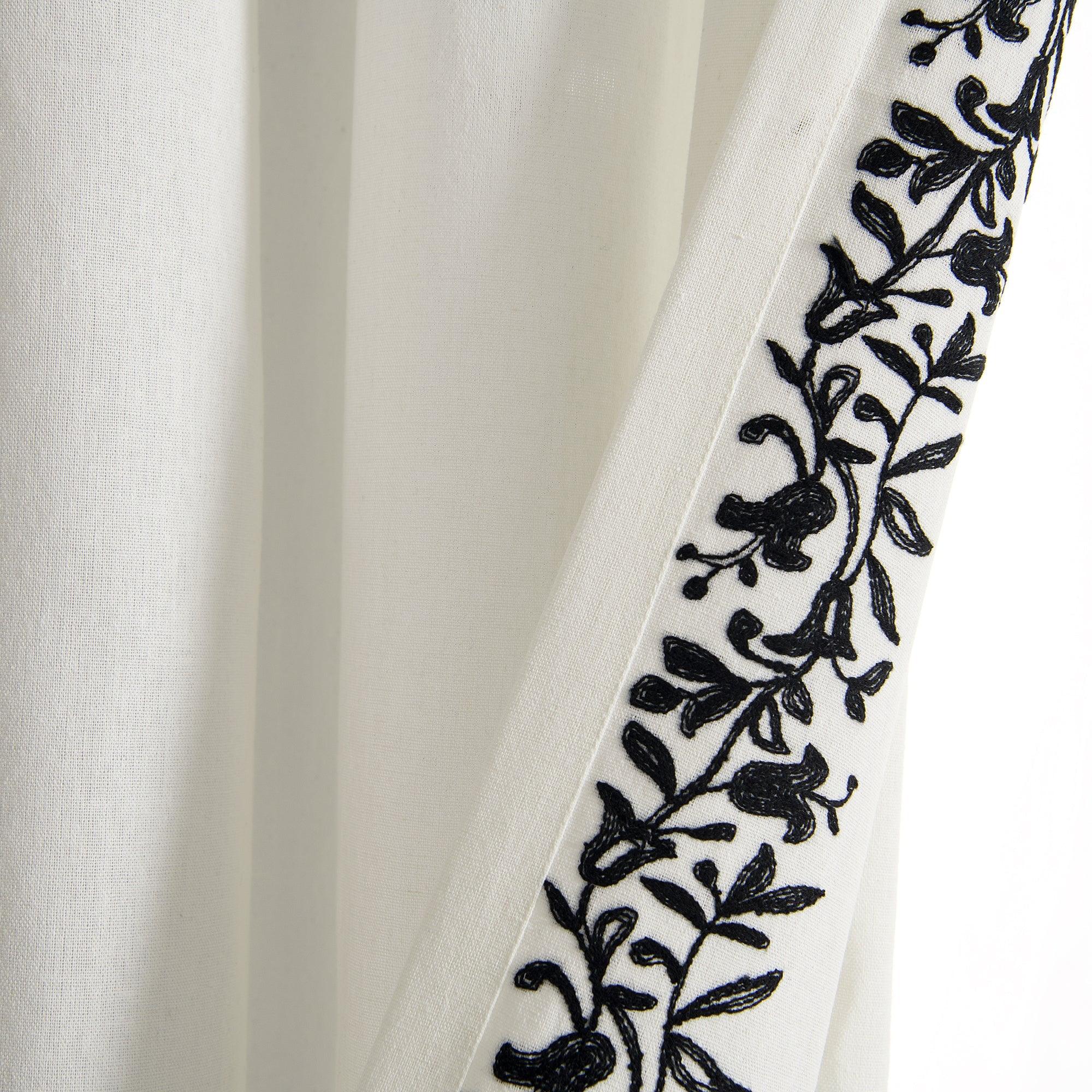 Luxury Modern Flower Linen Like Embroidery Border Window Curtain Panel